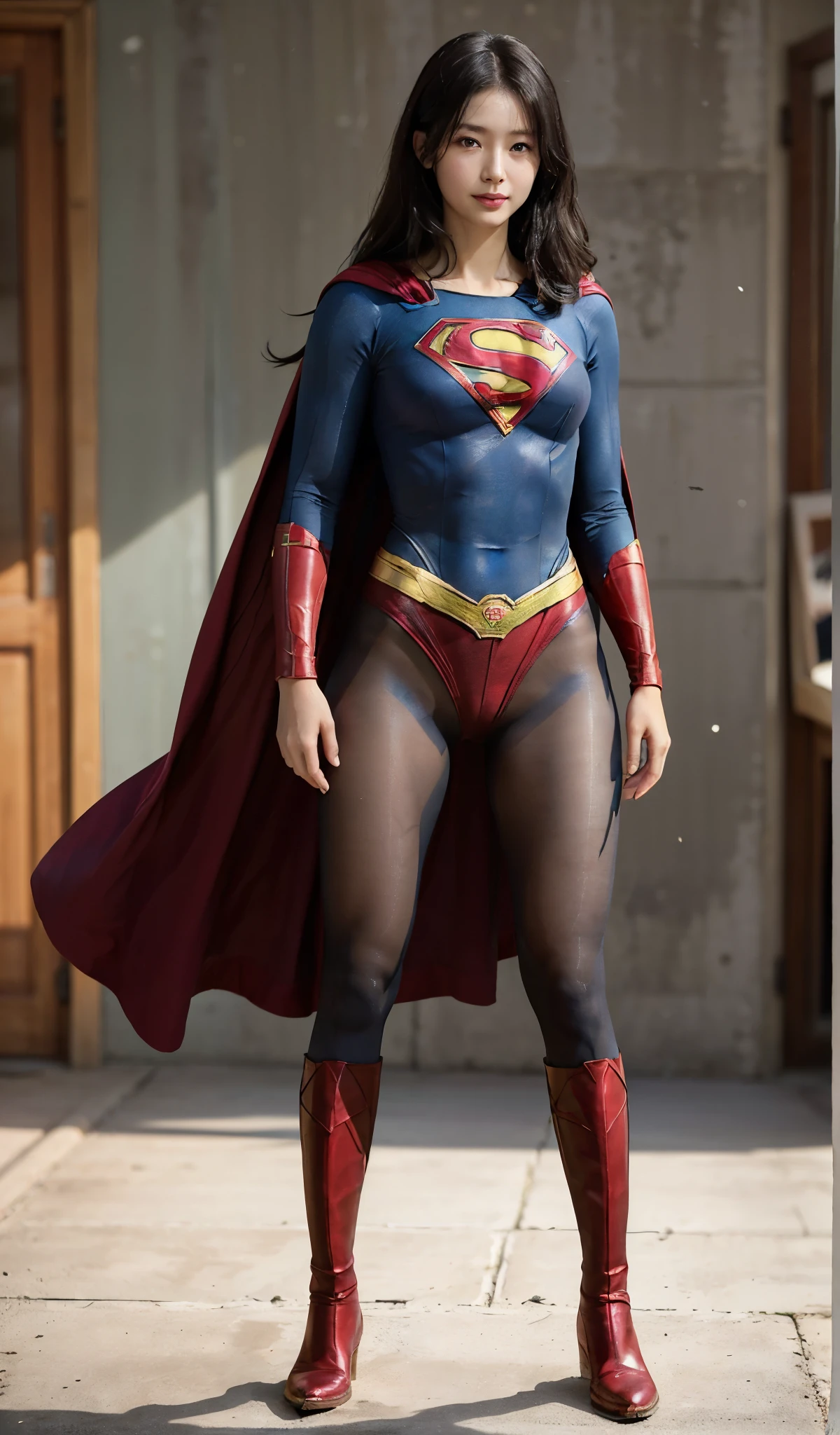 No background、(((Beautiful legs in black tights.)))、(((Legally express the beauty of your smile)))、((((Make the most of your original images)))、(((Supergirl Costume)))、(((Beautiful Hair)))、(((suffering)))、(((Please wear black tights....、Wear red boots)))、((Best image quality、8k))、((highest quality、8k、masterpiece:1.3))、(((Preserve background )))、Sharp focus:1.2、Beautiful woman with perfect figure:1.4、Slim Abs:1.2、Wet body:1.5、Highly detailed face and skin texture、8k