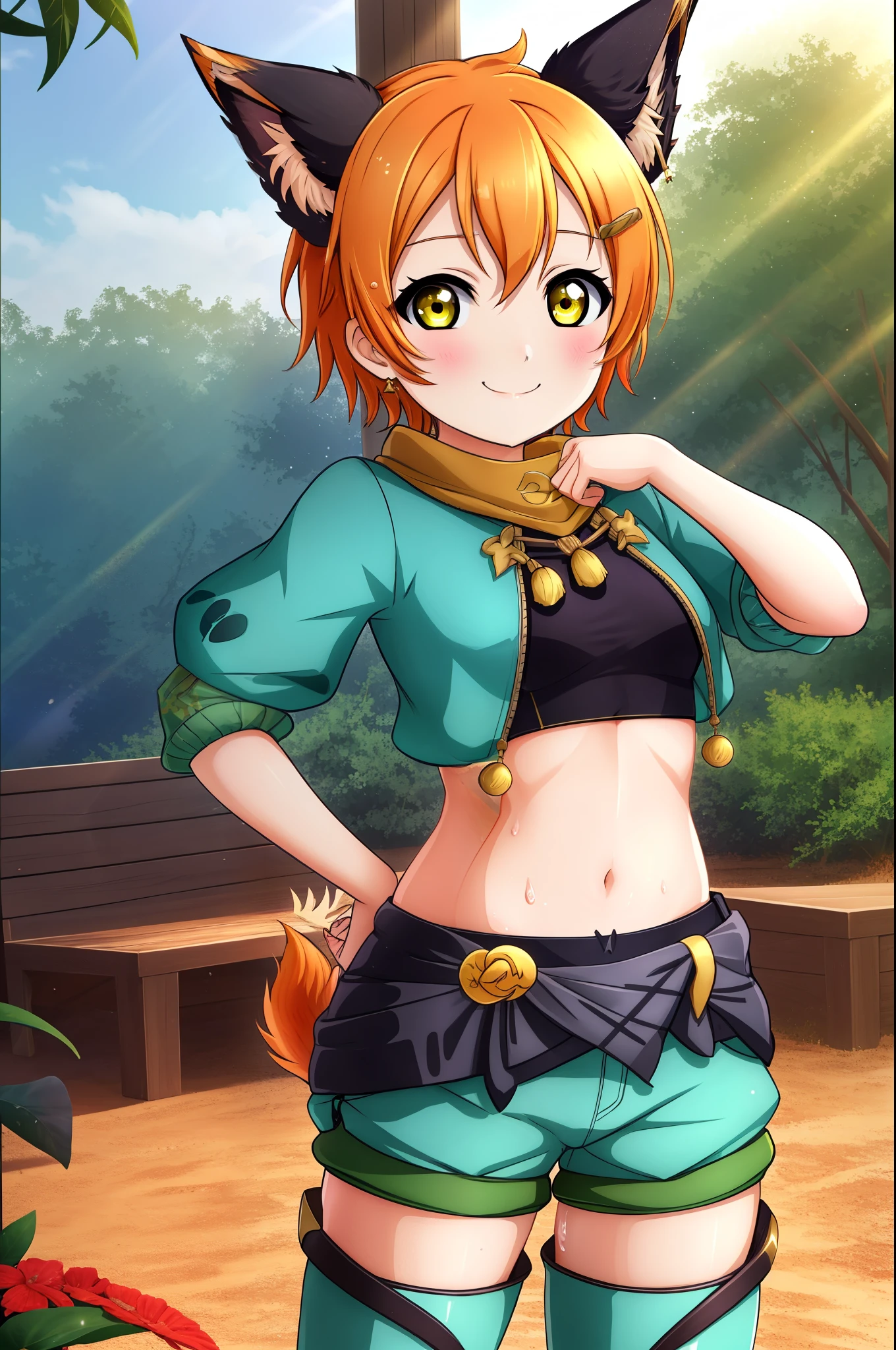 Masterpiece, best quality, Hoshizora rin, orange hair, yellow eyes, cowboy shot ,moist and shiny skin ,animal ears,tail,midriff,navel, shorts, skin tight, closed mouth, smile, standing,hand on hip