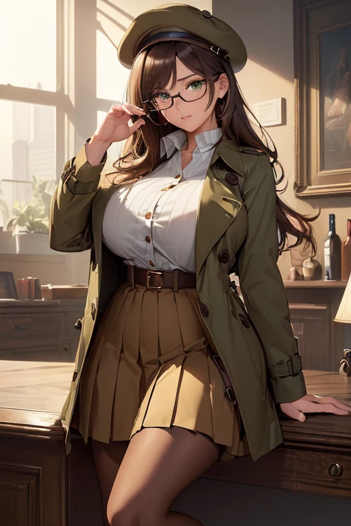 ((masterpiece)), (best quality:1.7), (detailed:1.4), (high res:1.4), 8k, (colorful:1.5), high resolution, sharped image, 4k, hd, (beautiful detailed background:1.2), (beautiful lighting:1.2), (highly detailed:1.2), perfect lighting, (8k wallpaper:1.2), (highly detailed:1.2), (extremely detailed CG:1.2), ((dark brown medium long straight hair with bangs covering an eye)), (hair bangs covering one eye), ((only dark brown hair)), ((DD bust)), ((busty)), curvy figure, (((hazel-green eyes))), (((detective outfit with brown tan trench coat and loose button blouse and a long length hazel-green pleated skirt and long stockings))), glasses, hat, serious expression, mature, ((30 year old)), human adult, tall, fullbody
