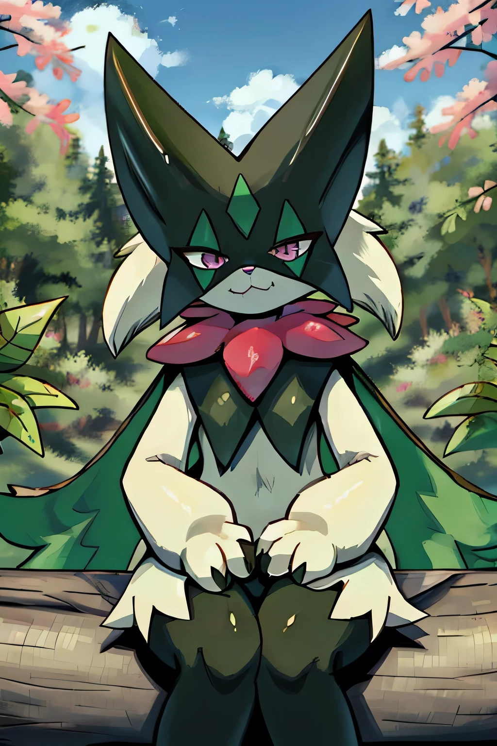 Masterpiece, The best quality, the highest picture quality, Detailed, Meowscarada, Pokémon, short snout, detailed eyes, tree bushes background, day, female, solo, sarcastic smile, sitting on a log with leaves, looking down