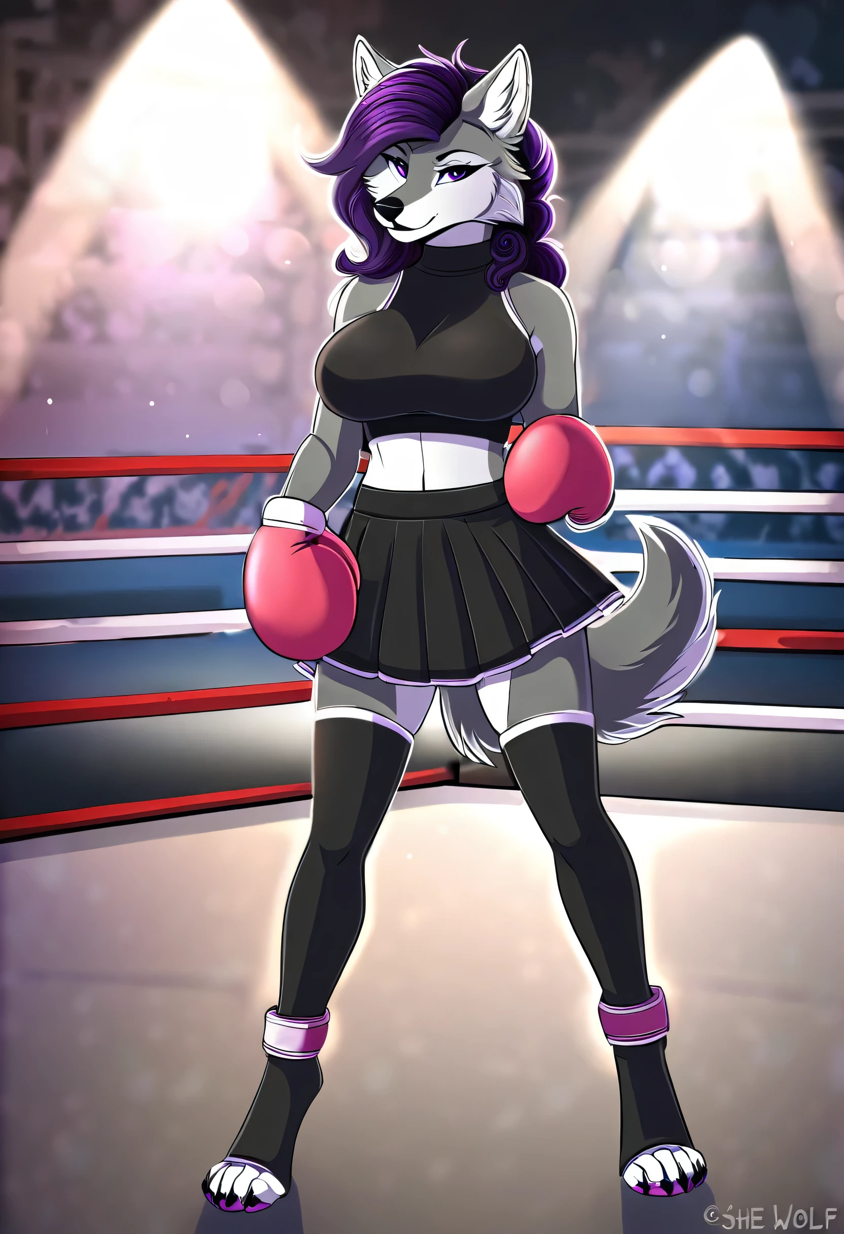 detailed face, Detailed image, anime style, she-wolf, age 25 years, arrogant smile with closed mouth, Purple eyes, luxurious hairstyle, lush breasts, in black high neck crop top, in boxing skirt, wearing pink boxing gloves, in sports stockings with open toes, standing alone in the boxing ring