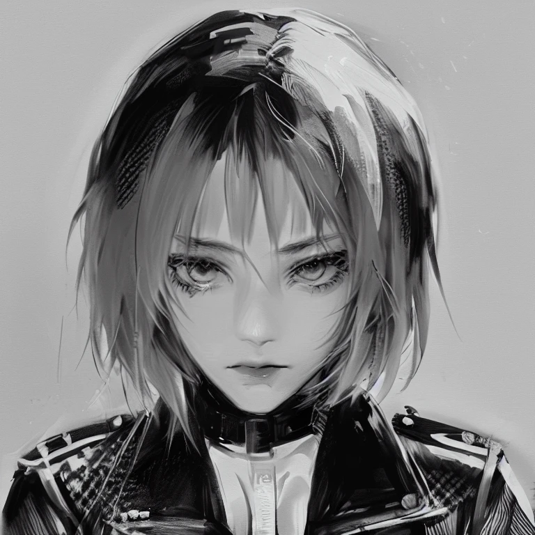 DBfantasyart style, masterpiece, 1 girl, beautiful portrait of a woman with short hair, Manhwa, very detailed, resolution 8K, black and white suit, Cute face, beautiful, Cute, serious, leather jacket, girl leather jacket, tomboy, {very gentle and beautiful}, 8K wallpaper, {{{masterpiece}}}, serious, cold eyes, blackandwhite