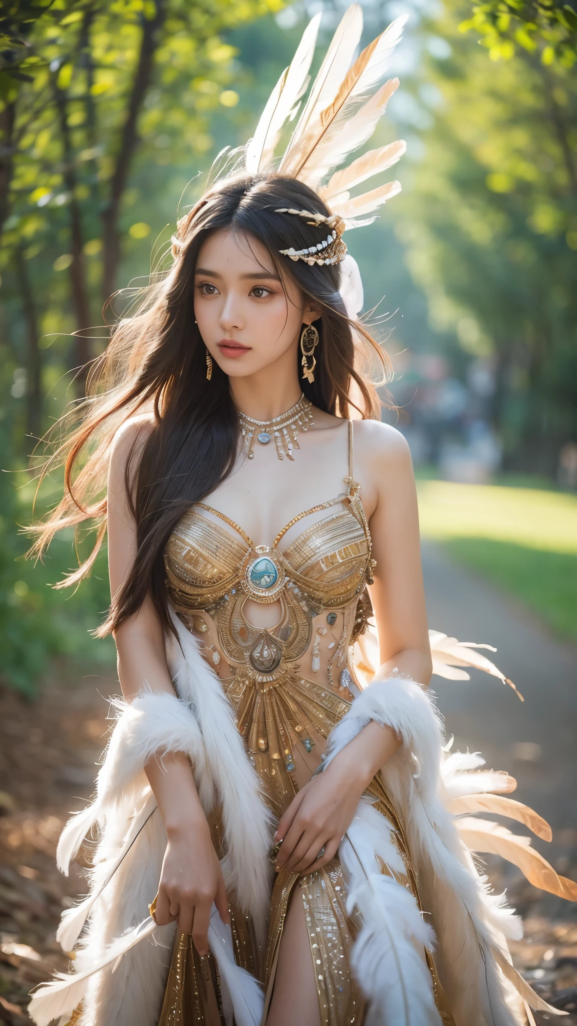 8k,Exotic beautiful native American princess, female,very small revealing dress made with feathers, magic, alluring, sultry, full-length, female-body, hazel-eyes, bright, , OverallDetail. beautiful blurry background, perfect face and eyes, hyper-detailed hypermaximalist dynamic