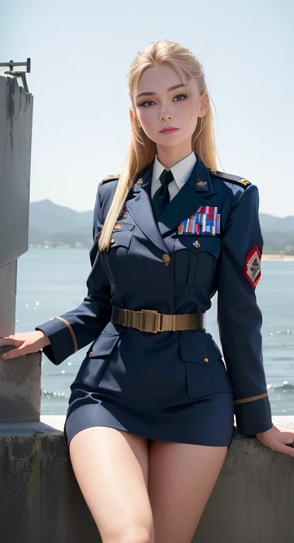 arafed woman in uniform posing on a wall near the water, wearing military uniform, wearing a military uniform, full uniform, wearing military outfit, girl wearing uniform, in military uniform, jk uniform, military uniform, full dress uniform, in full military garb, blue uniform, in uniform, perfect military composure, wearing a general\'s uniform