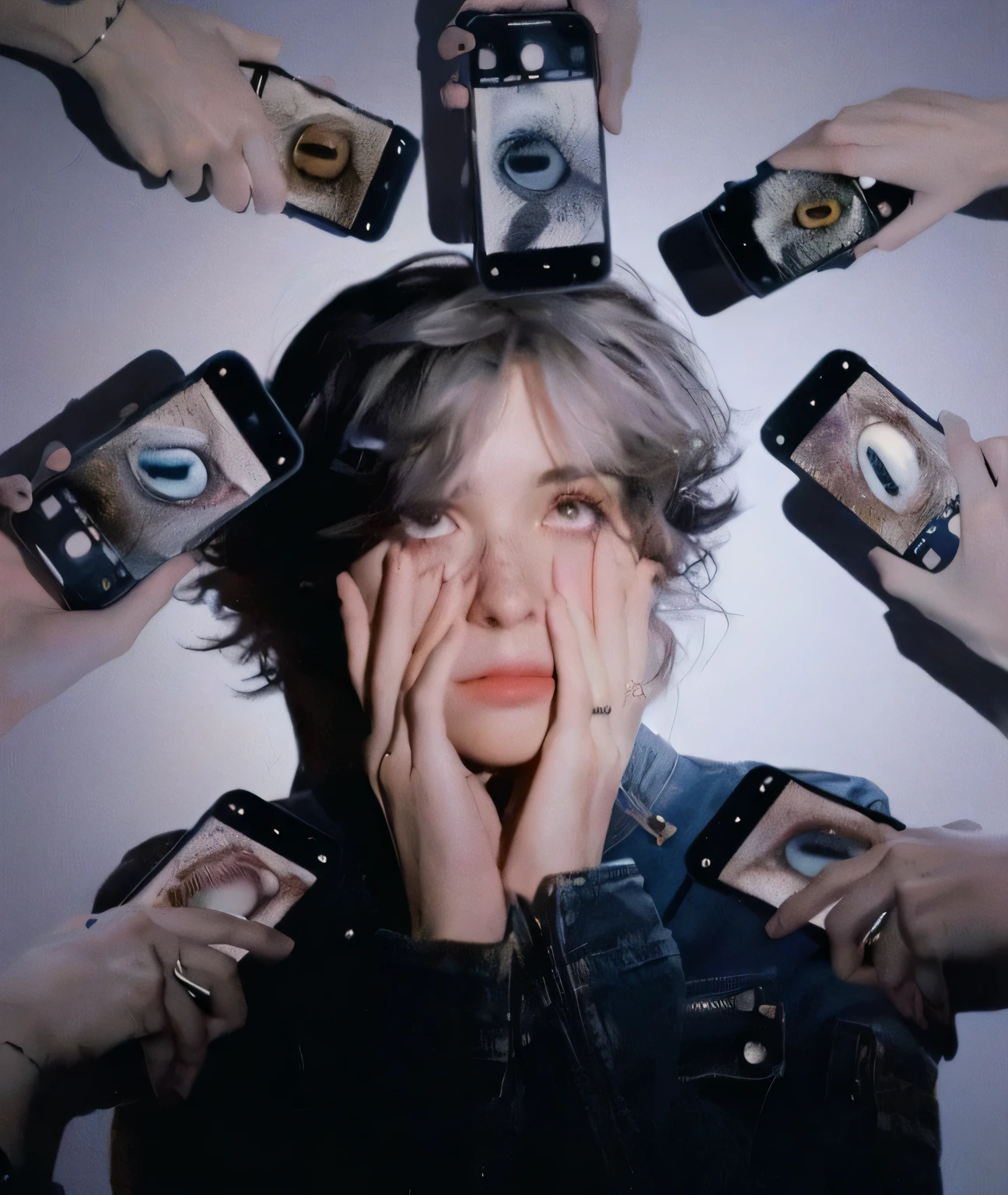 Arafed image of a woman surrounded by hands holding cell phones., joel fletcher, petra collins, art album, petra collins y mc. escher, little peep, declan mckenna, xqc, alternative album cover, foto de perfil, primera ola, war paint aesthetic, elliot alderson, elfo eva, por Lee Gatch, por Billie Waters