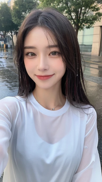 ((best quality, 8k, masterpiece:1.3)), key point: 1.2, Perfect body beauty: 1.4, Hips: 1.2, (Layered Hairstyle,), (Wet clothes: 1.1), (rain, street:1.3), dress: 1.1, Highly detailed face and skin texture, beautiful eyes, Double eyelids, skin whitening, Long hair, (shut up: 1.3), Smile