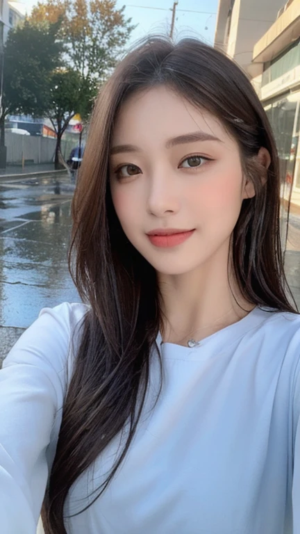 ((best quality, 8k, masterpiece:1.3)), key point: 1.2, Perfect body beauty: 1.4, Hips: 1.2, (Layered Hairstyle,), (Wet clothes: 1.1), (rain, street:1.3), dress: 1.1, Highly detailed face and skin texture, beautiful eyes, Double eyelids, skin whitening, Long hair, (shut up: 1.3), Smile