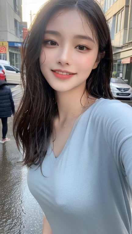 ((best quality, 8k, masterpiece:1.3)), key point: 1.2, Perfect body beauty: 1.4, Hips: 1.2, (Layered Hairstyle,), (Wet clothes: 1.1), (rain, street:1.3), dress: 1.1, Highly detailed face and skin texture, beautiful eyes, Double eyelids, skin whitening, Long hair, (shut up: 1.3), Smile