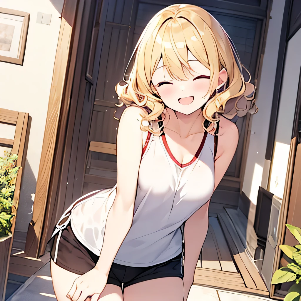 masterpiece、highest quality,Very detailed, Absurd beauty、1 beautiful girl、 (Medium Hair、blonde、Ample breasts), Curly Hair、Keep your head small、Casual clothing、Summer clothes、Thin legs、Close your eyes and laugh、Big smile、Shyness