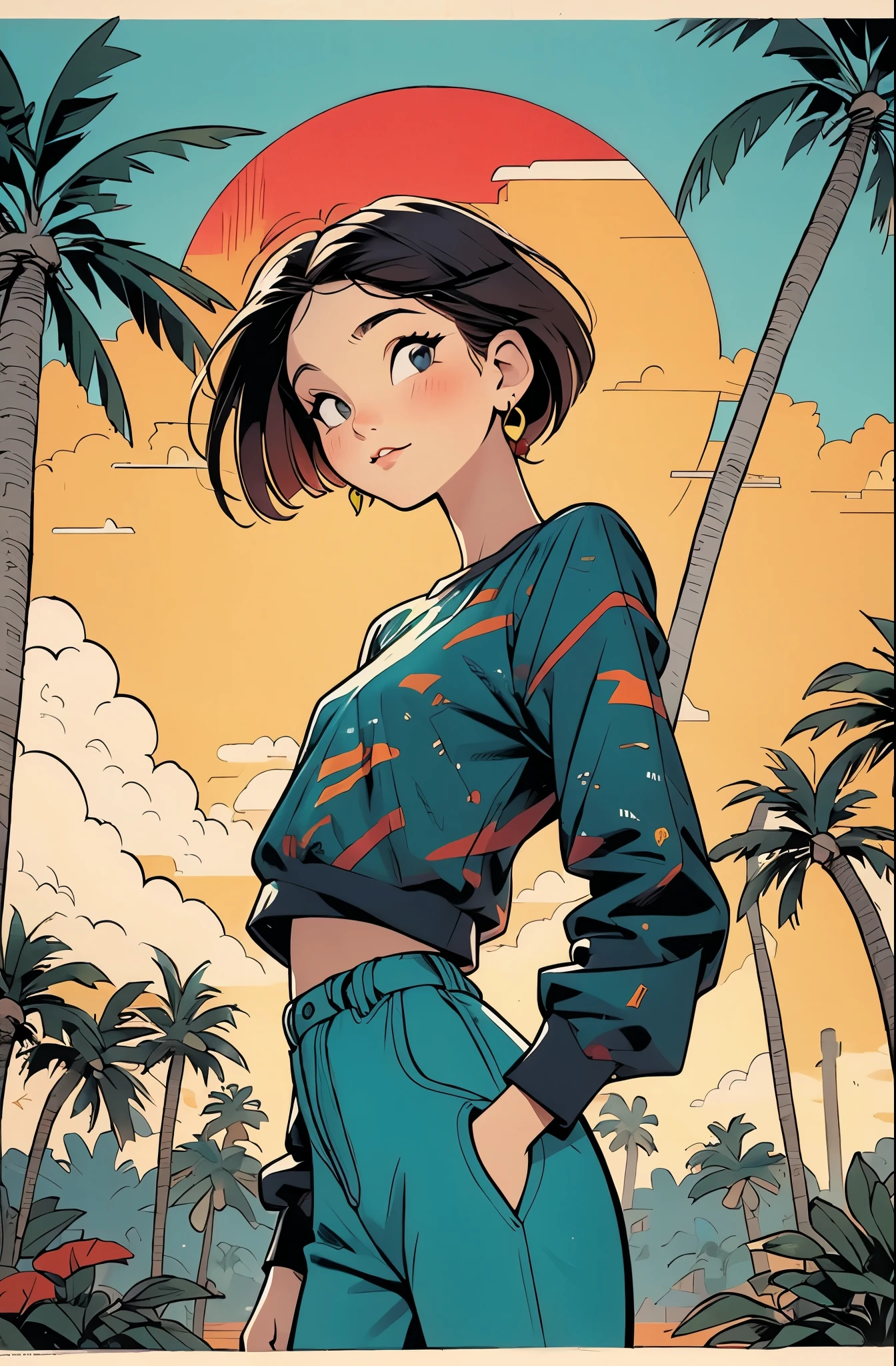 retro girl, Miami, sunset, Ferrari, palm tree, 90's, (flat colors, flat texture, lineart:1.2), graphical design, (heavy ink, ink blacks),