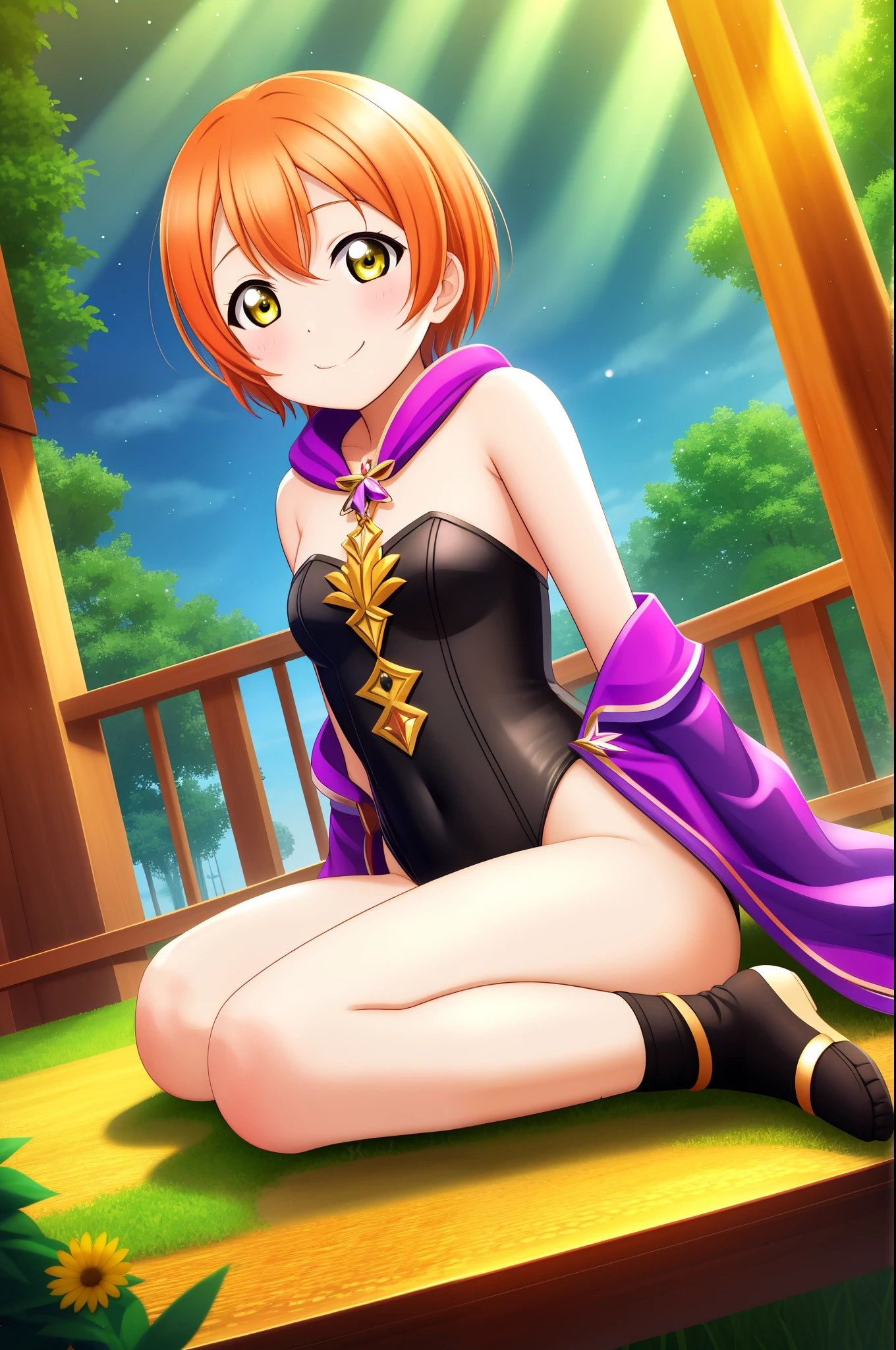Masterpiece, best quality, Hoshizora rin, orange hair, yellow eyes, solo, strapless leotard, looking at viewer, wariza , sitting on knees , sexy smile