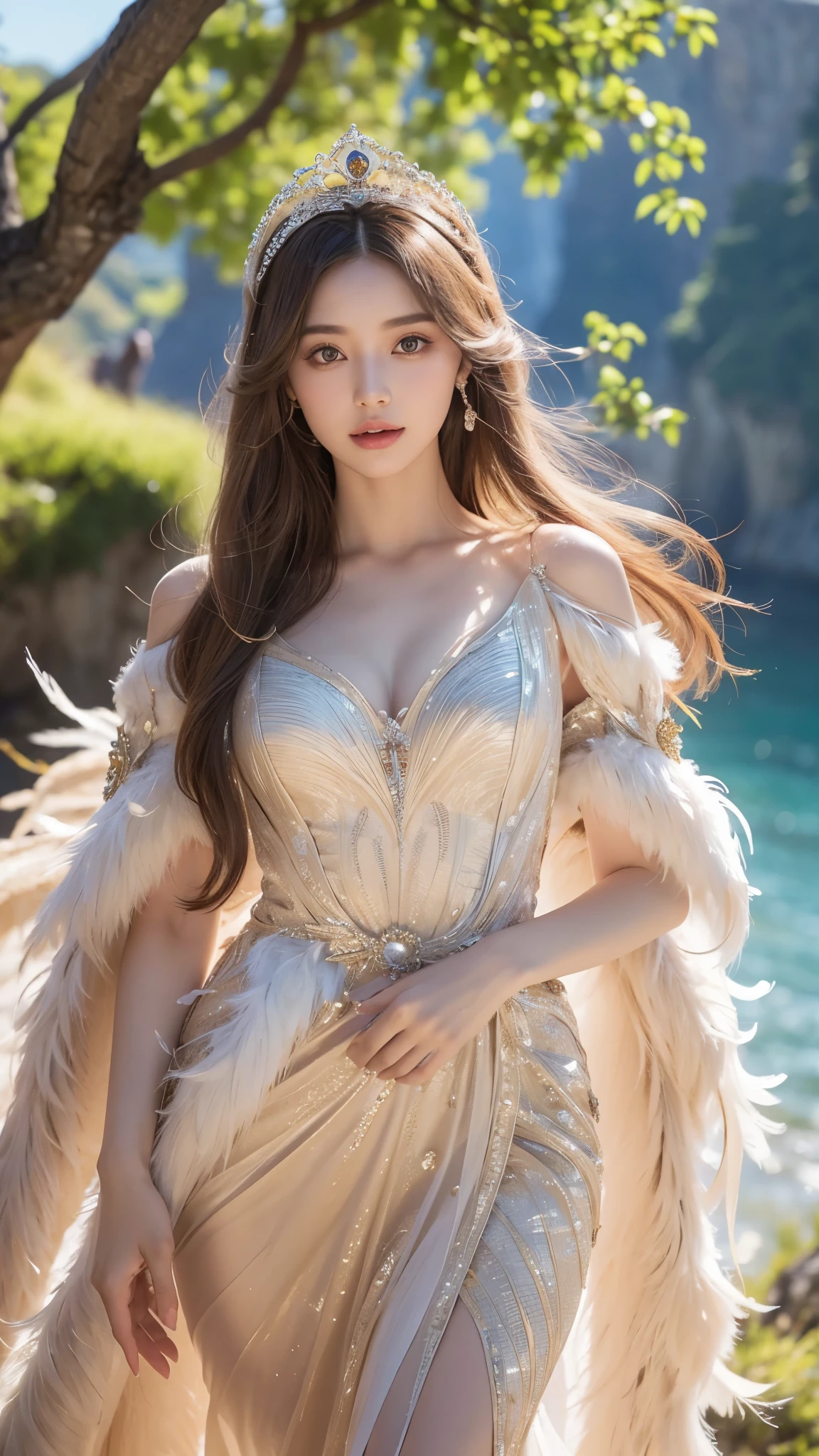 8K, a beautiful princess, female, a very small appearance dress, which is made of feathers, magic, seductive, sweltering, full -length, female, hazelnut eyes, bright, and overall tail. Cliffs, valleys, beautiful blurred backgrounds, perfect faces and eyes, super detailed ultra -detailed super Ximimalist dynamics
