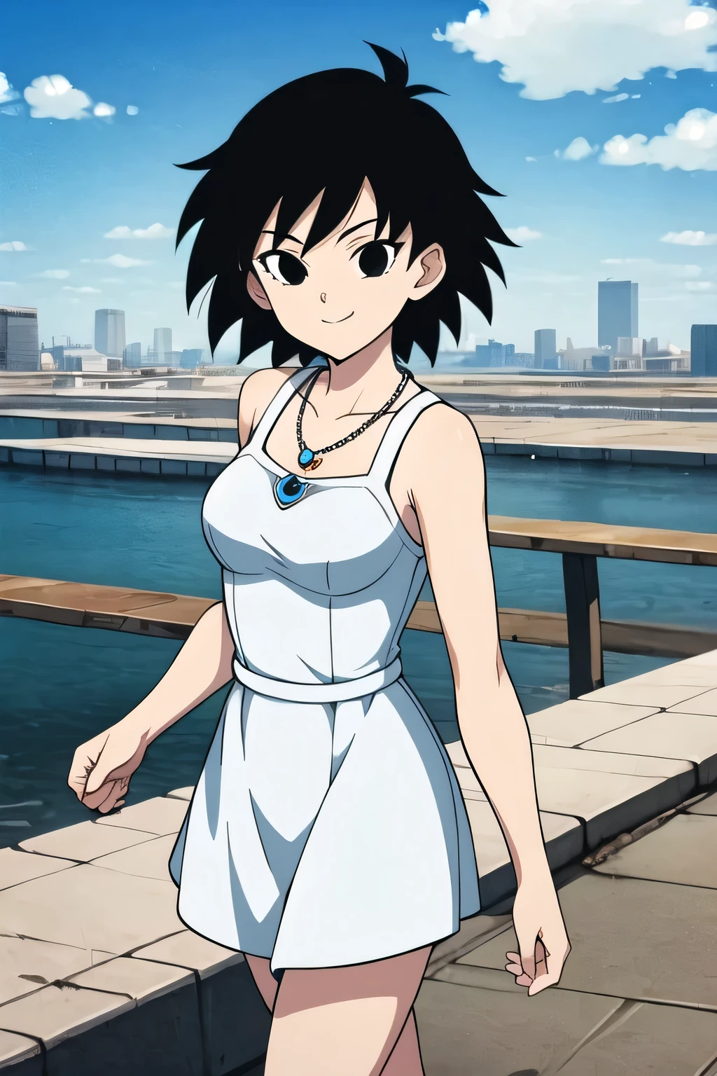 gine, 1girl, sunlight, solo, breasts, closed, blue sky, black hair, black eyes, city, bare shoulders, collarbone, cowboy shot, short hair, floating hair, looking at viewer, smile, looking at viewer, spiked hair, white dress, blue necklace, docks, walking in black high heels