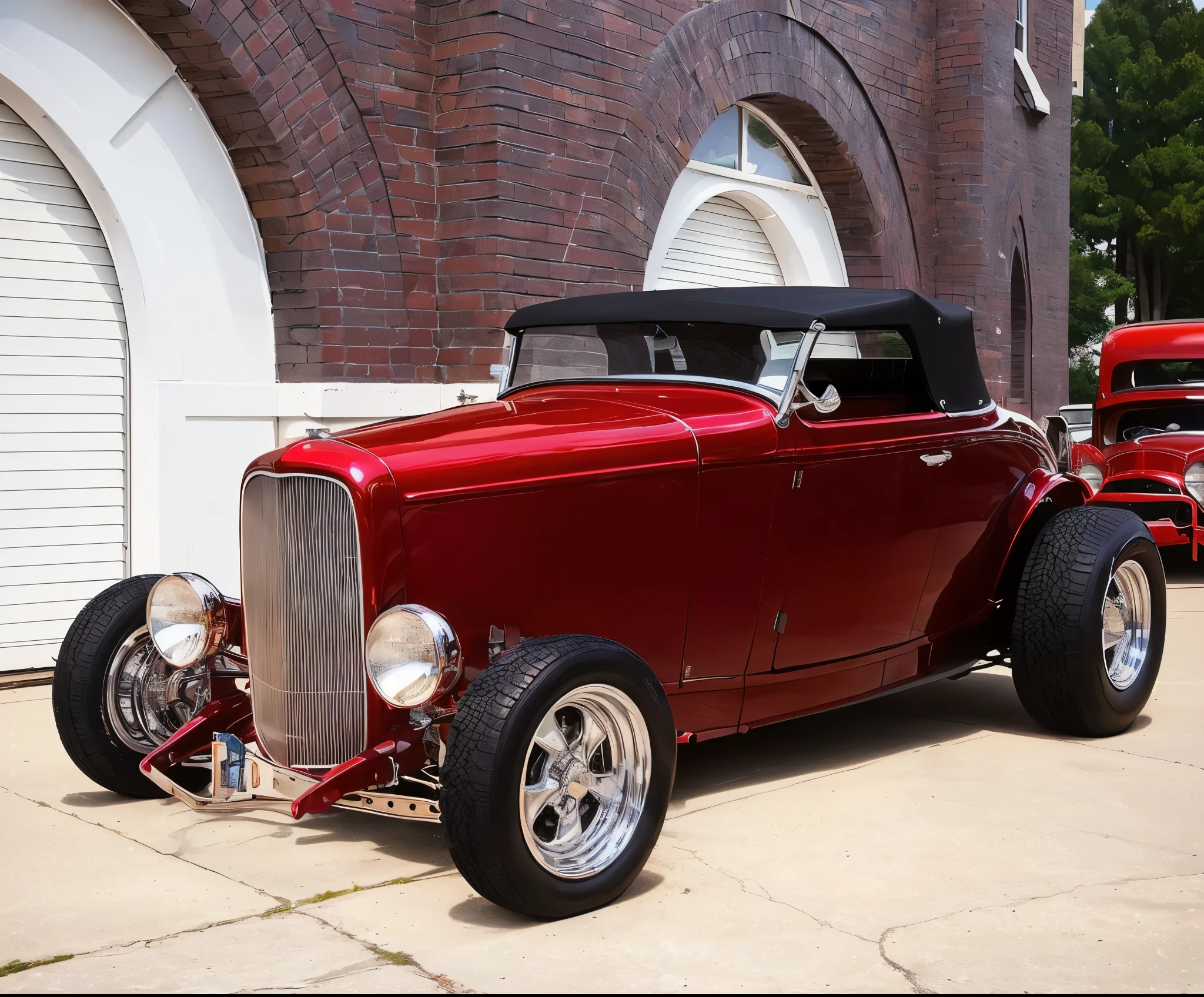 there is a red car parked in front of a building,1932 roadster chop top, stained antique copper car paint, classic car, front shot, front side