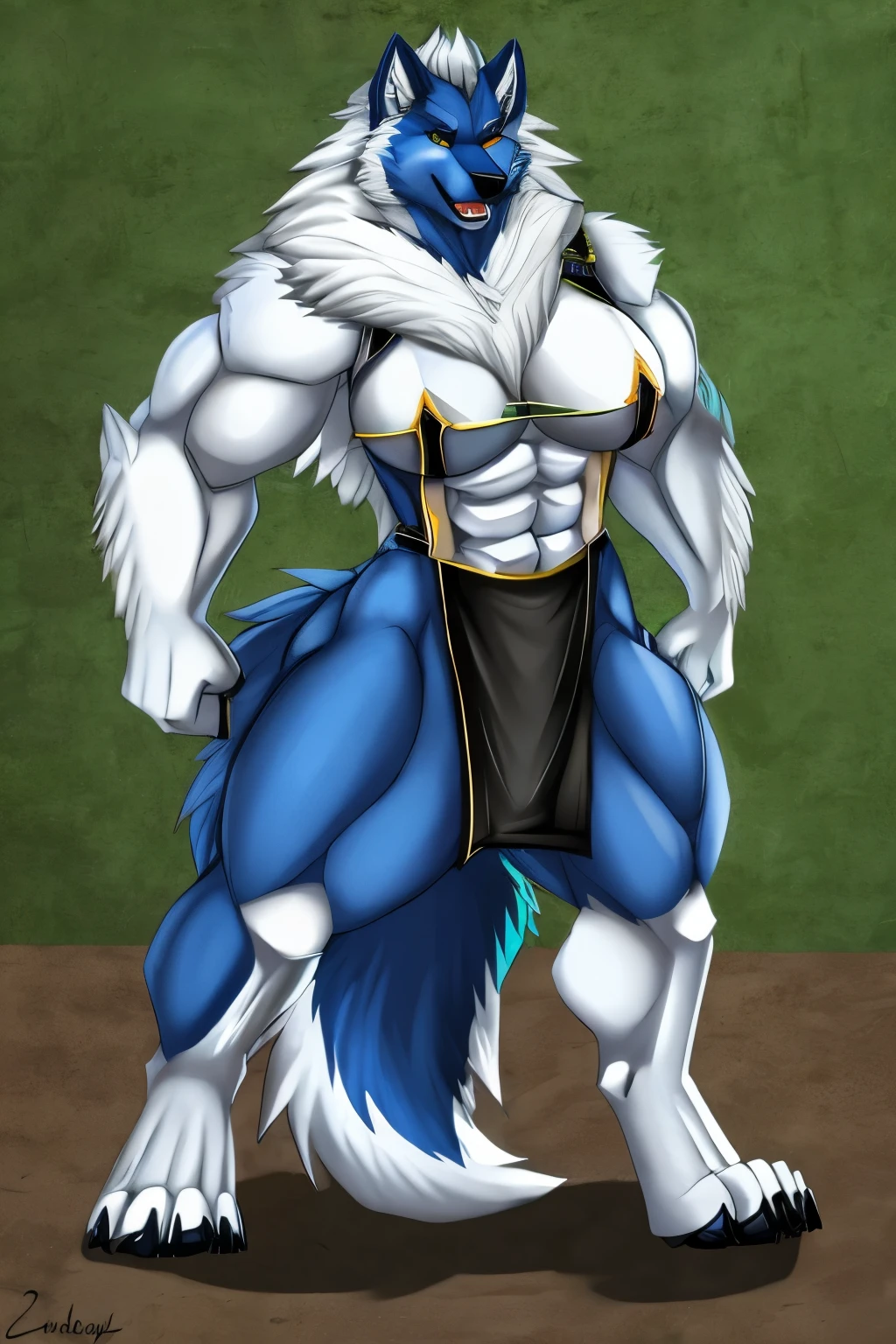 Feral blue dire wolf. Female. Muscular. Heavyset.