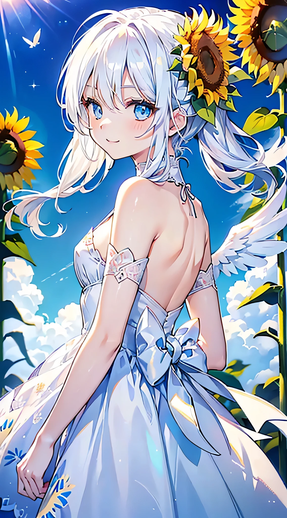 A woman and a cat together、A beautiful woman with long white hair and blue eyes and a plain white cat、women are(24-years-old、Adorable、Very happy smile、Angel wings on the back、White clothing embroidered with small sunflowers、She has sunflowers in her hair)、The cat is a beautiful white Siamese cat