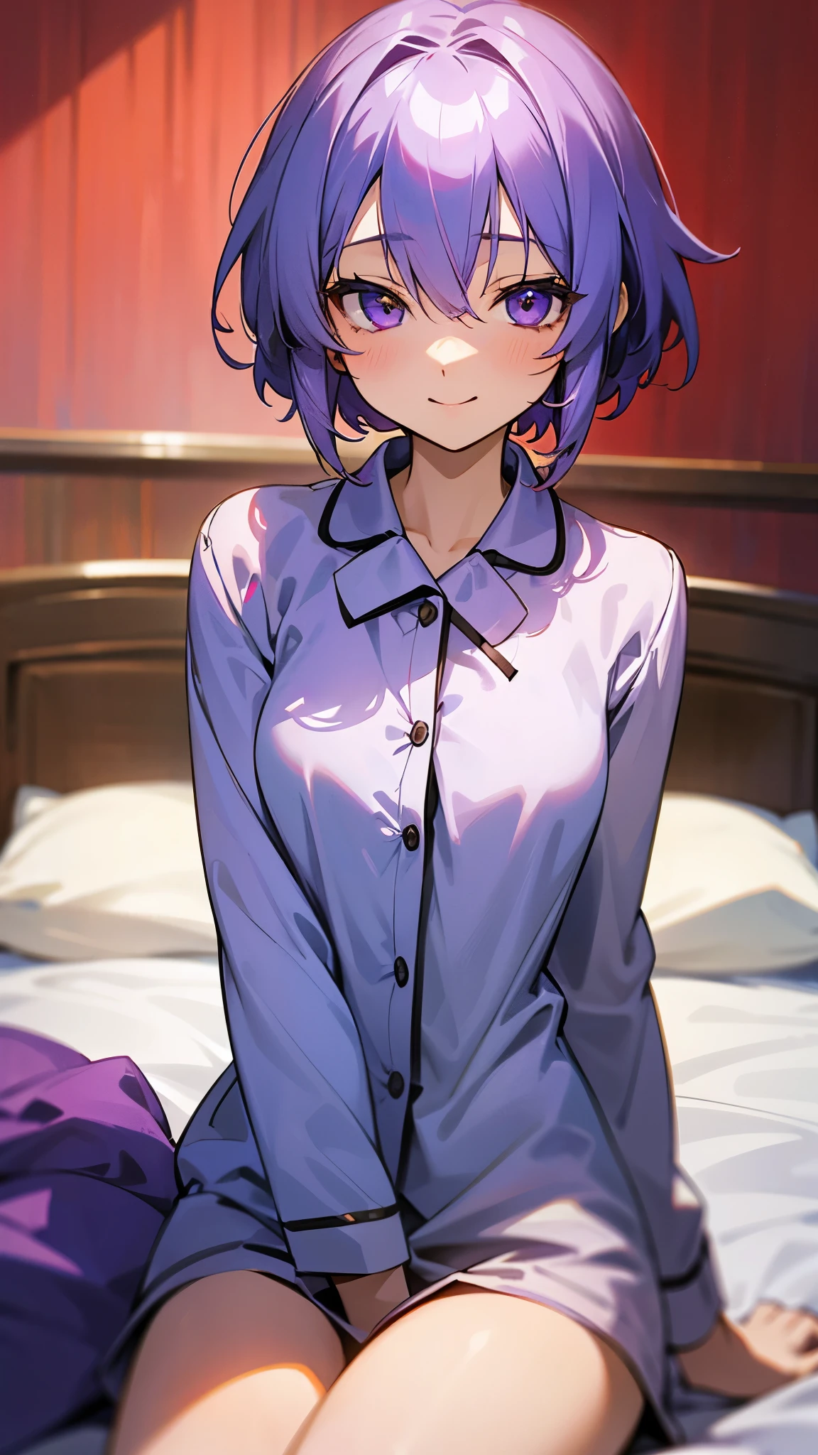 18-year-old girl sitting on bed、solo、Anime-style paintings、Wearing pajamas、Dark blue hair、Yuzuki Yukari、Slim figure、Silvery white hair、short hair、(Hair between the eyes)、beautiful purple eyes、smile、smile、The soft texture of pajamas、Upper body close-up、Red and black based colors、Background blur、The depth of the drawn boundaries