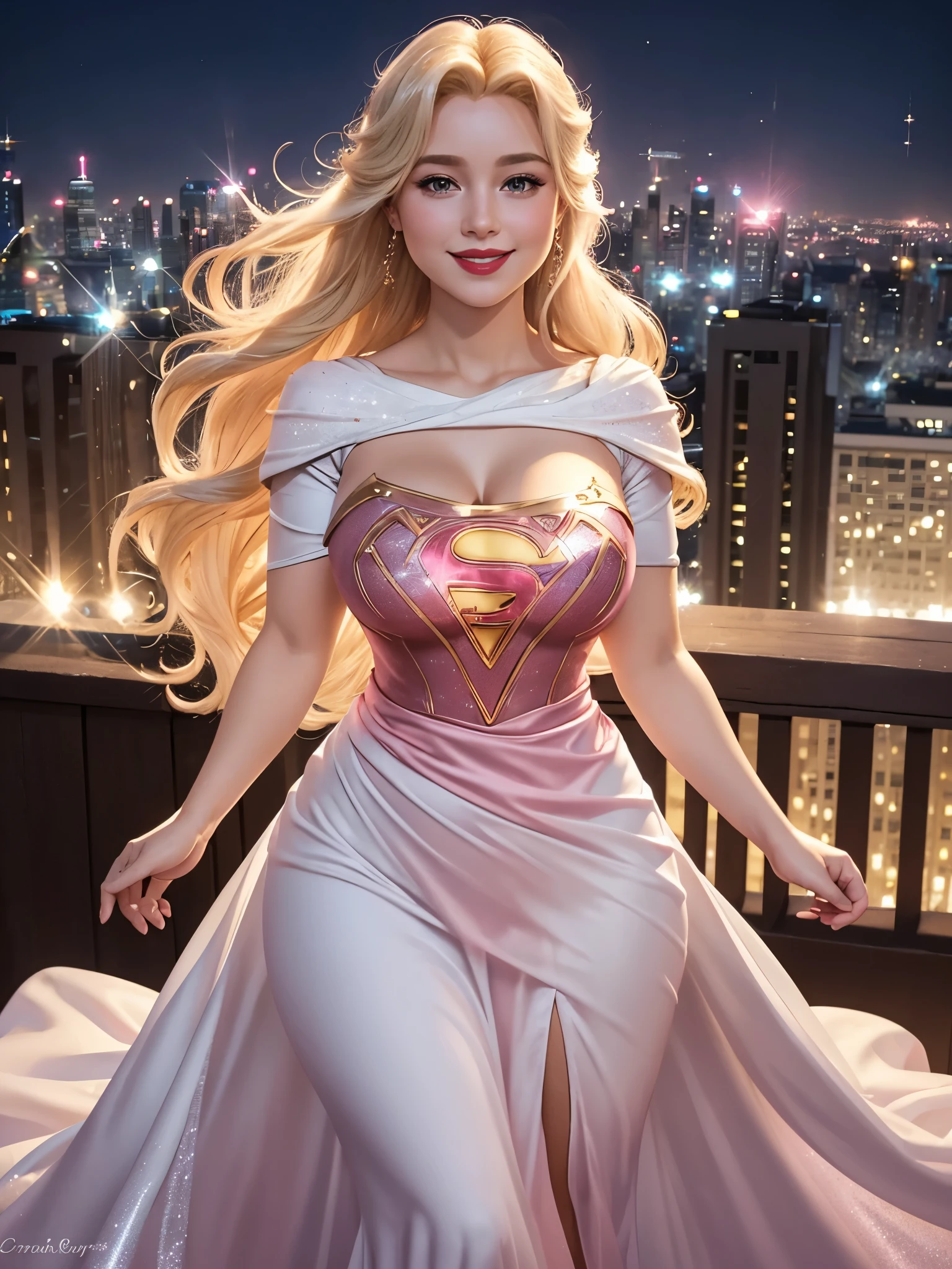 Queen Elsa, 27 years old, full body shot, Beautiful woman very long curly blonde hair, blonde hair, blonde hair, defined body, big breasts, big breasts, big breasts, big breasts, Red lipstick, smiling, hands free, standing, (( short sleeve, sparkling pink bodice and white long dress of supergirl)), rooftop city night, (curvy:1.2)