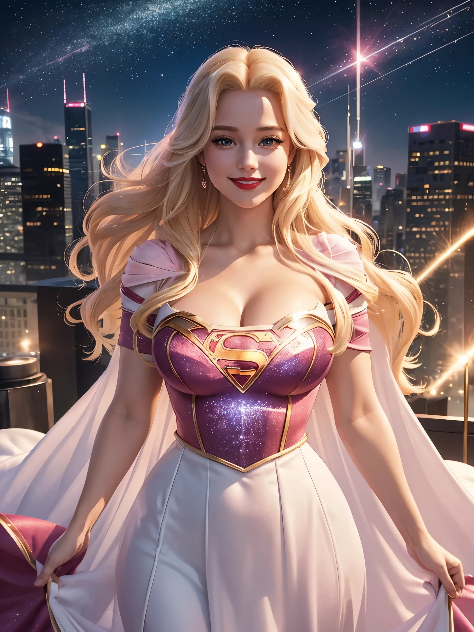 Queen Elsa, 27 years old, full body shot, Beautiful woman very long curly blonde hair, blonde hair, blonde hair, defined body, big breasts, big breasts, big breasts, big breasts, Red lipstick, smiling, hands free, standing, (( short sleeve, sparkling pink bodice and white long dress of supergirl)), rooftop city night, (curvy:1.2)