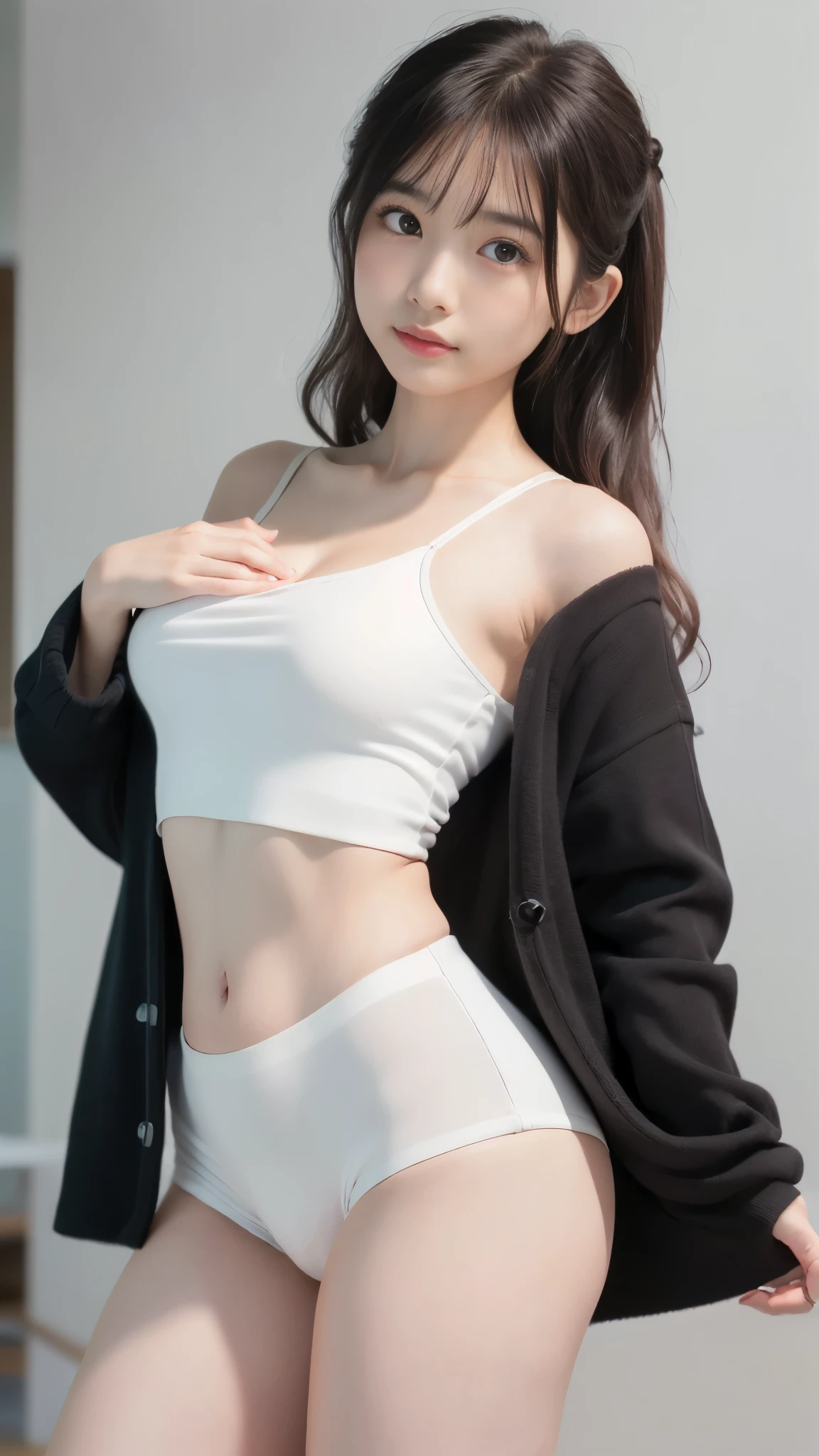 Living room wall, ((Shoulder-length hair styled with outward curls:1.3)), ((Parting the bangs)), 20-year-old female, (Baby Face), Asian, (((whole body))), from the front, (Outstanding Style), (Detailed eyes and face:1.2), (Anatomically correct small hands:1.3), (Moisturizing lips:1.3), (Tight waist:1.3), ((Wear a black cashmere long coat over white seamless underwear and a tank top bra)), Open long coat, (Ample breasts:1.4), Cleavage, (Navel of beautiful shape:1.5), (Smooth clavicle:1.3), (Photorealistic:1.4), (Professional Lighting), (Accurate Shadows:1.2), (((Highest quality, Ultra high definition, masterpiece))), (looking at the camera:1.5), (blush:1.5)