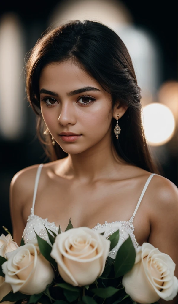RAW photo, [[[[Closeup]]]], [[[One]]], 18 year old Brazilian, beautiful dress, white skin, light makeup, lip gloss, realistic skin texture, sharp focus, realistic cinematic photo, black background with low light, bouquet of roses, without any jewelry.
