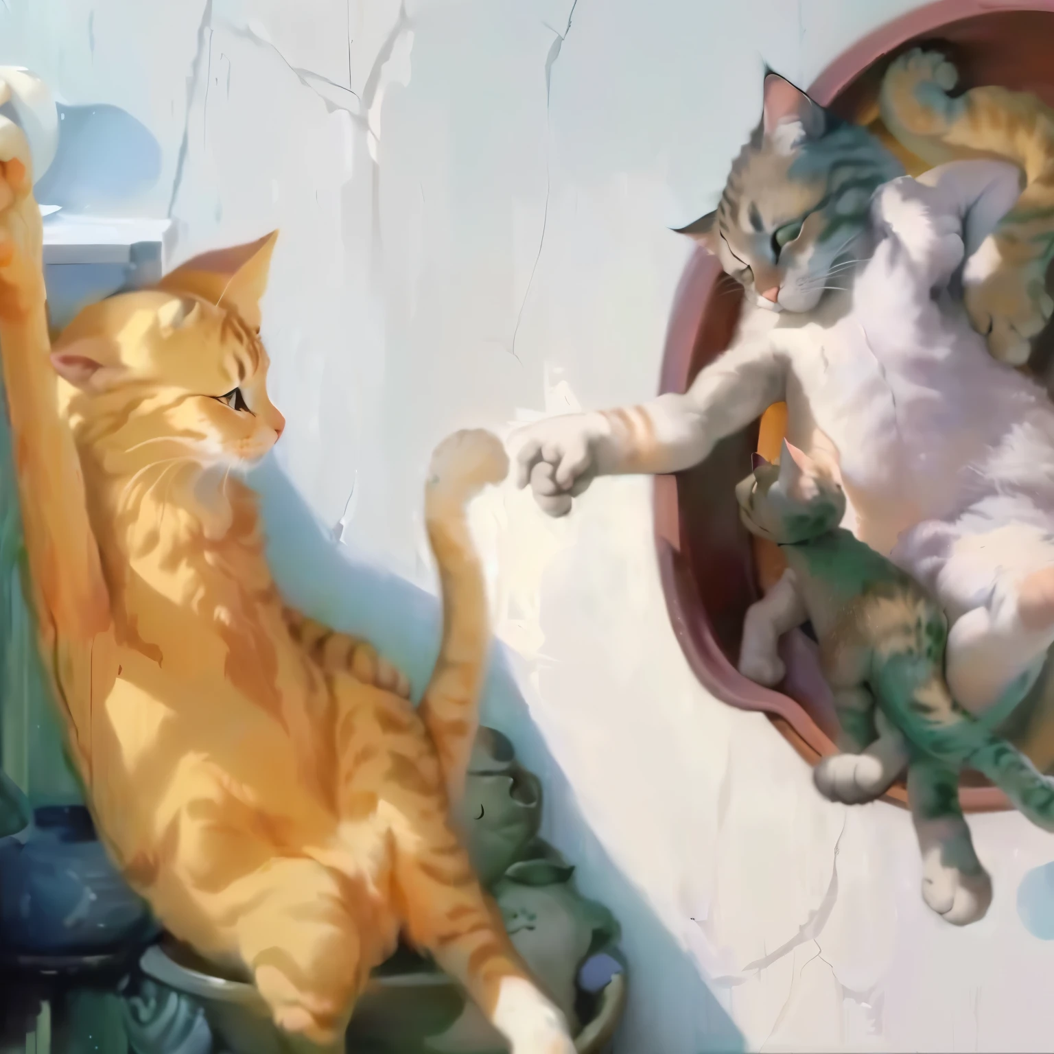 painting of a cat reaching for a baby in a bowl, god of cats, inspired by Michelangelo Buonarotti, by Michaelangelo, michelangelo style, michael angelo inspired, inspired by Michelangelo Buonarroti, inspired by Michaelangelo, inspired by Michelangelo, cat masterpiece, creation of adam, michaelangelo style, michelangelo painting, the creation of adam, artstyle of michelangelo