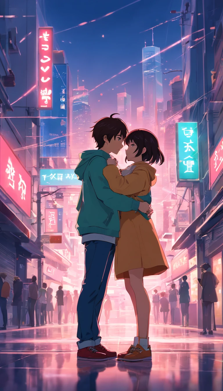 Design a simple design for Valentine's Day with the word love, transparent background, Element of Love,Composition in the shape of a heart of love,A boy and a girl hugging and two little girls with them,Modern fashion clothing,Simple Cyberpunk City in the background,