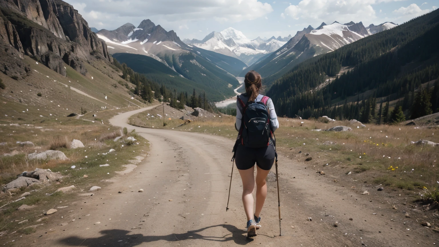 Back view full body of unrecognizable female hiker with backpack holding rope and trekking on majestic rocky mountain during weekend
