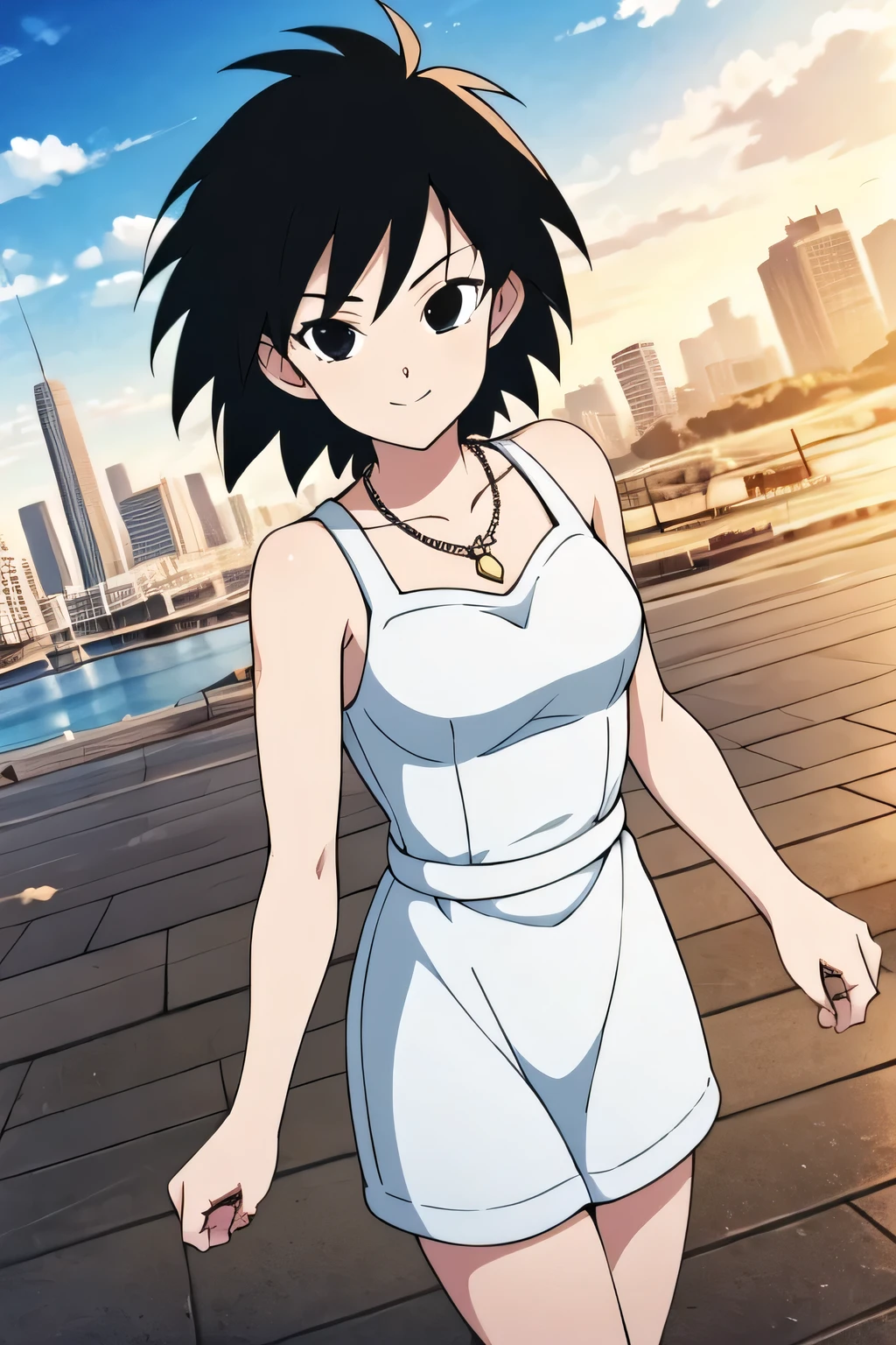 gine, 1girl, sunlight, solo, breasts, closed, blue sky, black hair, black eyes, city, bare shoulders, collarbone, cowboy shot, short hair, floating hair, looking at viewer, smile, looking at viewer, spiked hair, white dress, blue necklace, docks, walking in black high heels