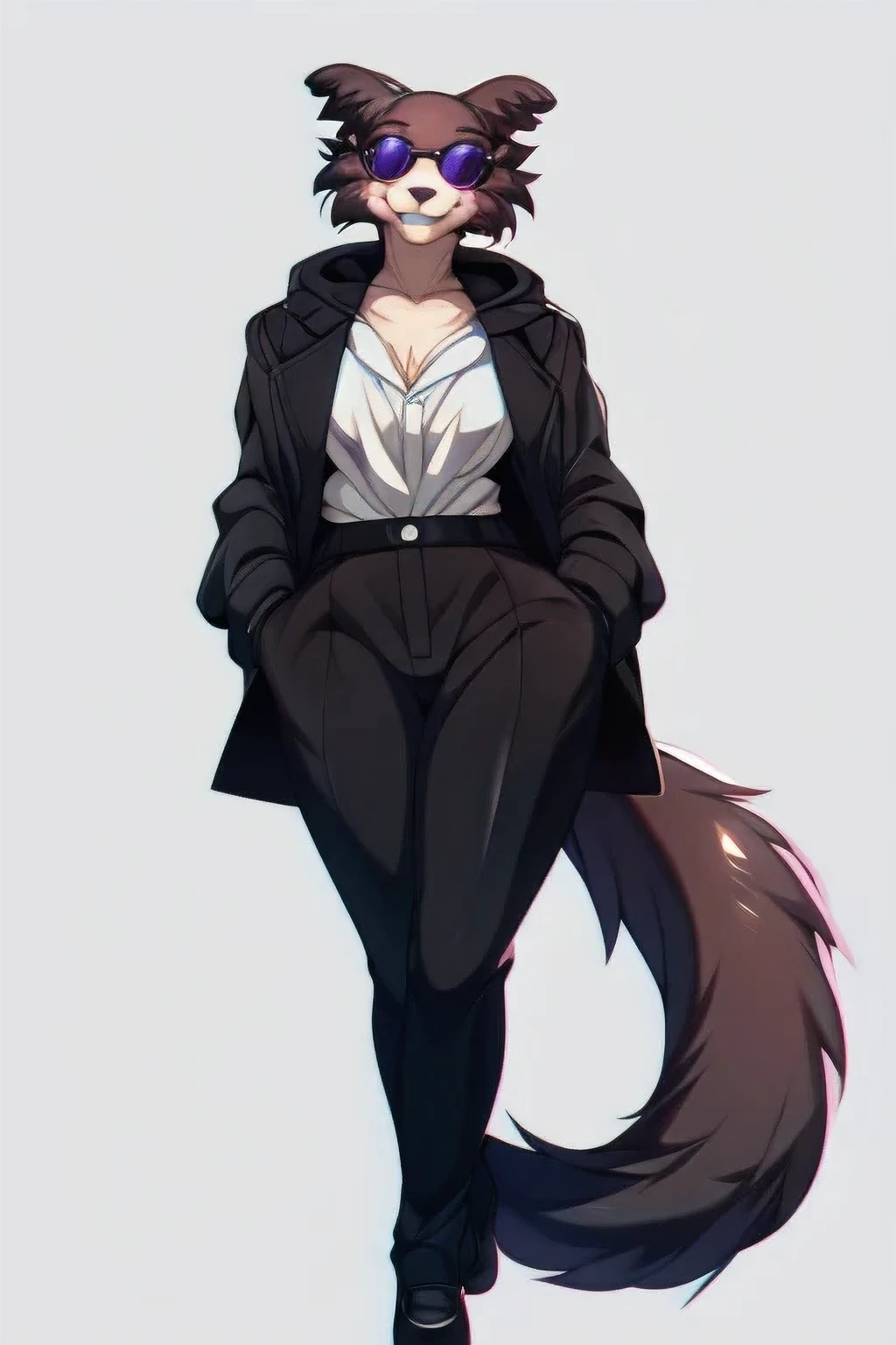 ((By hyattlen, by fumiko, by claweddrip)), furry anthro juno, juno beastars, medium breasts, big thighs, large ass, (black coat), (white undershirt), black pants, (black circle framed sunglasses), solo, full body, tail, smiling, medium sized tail, countershading, (best quality, masterpiece:1), standing, white background