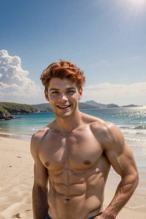 (best quality,4k,8k,highres,masterpiece:1.2),ultra-detailed,(realistic,photorealistic,photo-realistic:1.37),1 male model,albino skin color,red hair, curly red hair,boy smiling,doing masculine poses, detailed face, he is a very masculine and sexy man, slim muscular build, model is 17 years old, thick and strong biceps, front phase photo, the background of the photograph is the blue sky and a white sand beach