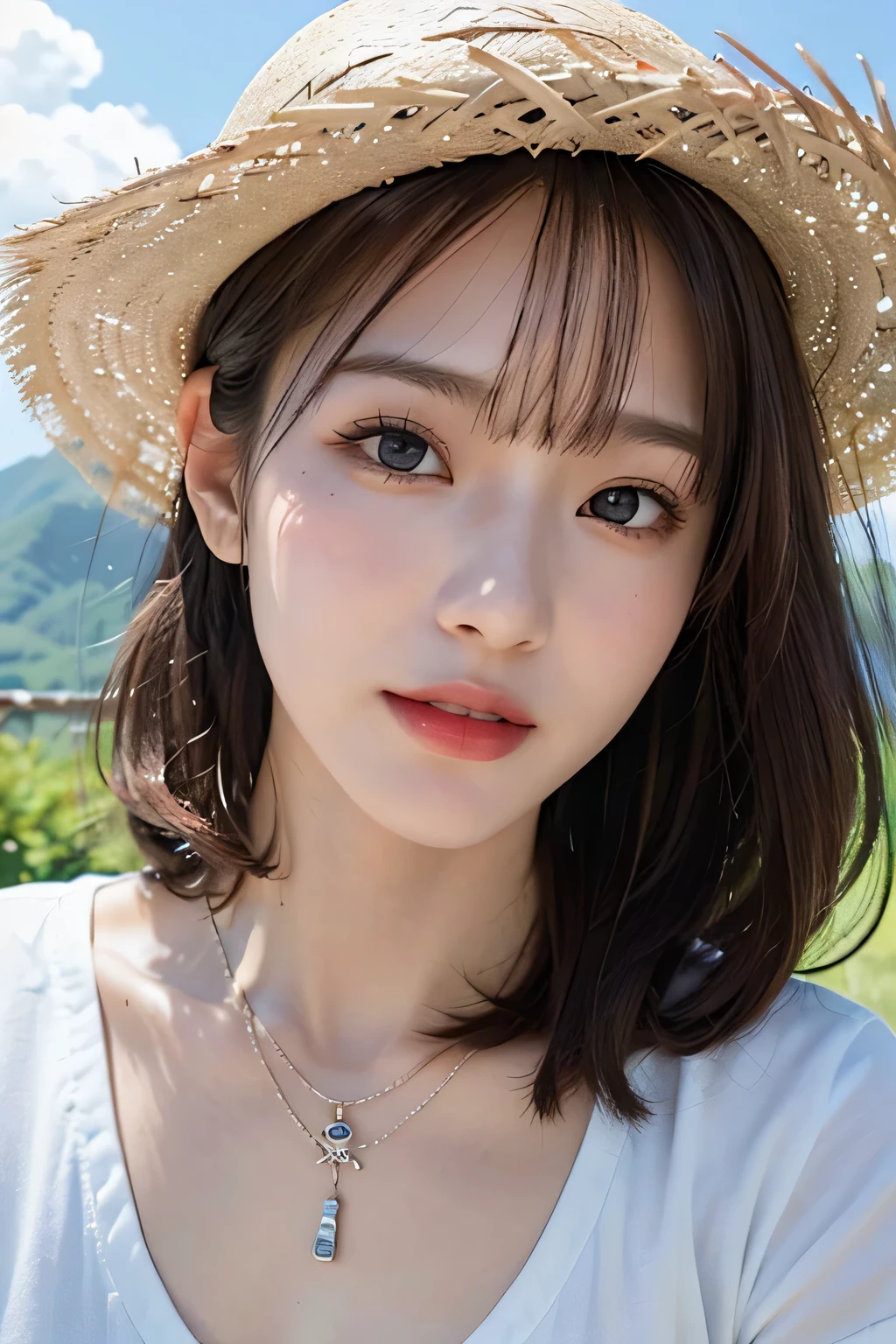 highest quality、masterpiece、超A high resolution、(Realistic:1.4)、Very wide-angle lens、Close-up、Beautiful adult woman、Beautiful eye and skin details、smile、Brown Shortcut、 bust、Small Necklace、White short sleeve shirt、Straw hat、A tall mountain、Summer sky、