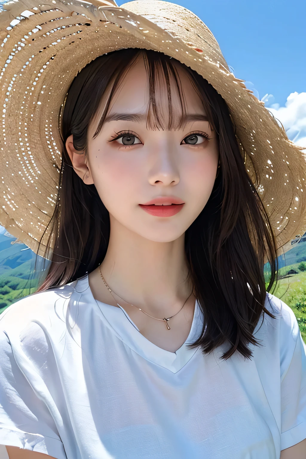 highest quality、masterpiece、超A high resolution、(Realistic:1.4)、Very wide-angle lens、Close-up、Beautiful adult woman、Beautiful eye and skin details、smile、Brown Shortcut、 bust、Small Necklace、White short sleeve shirt、Straw hat、A tall mountain、Summer sky、