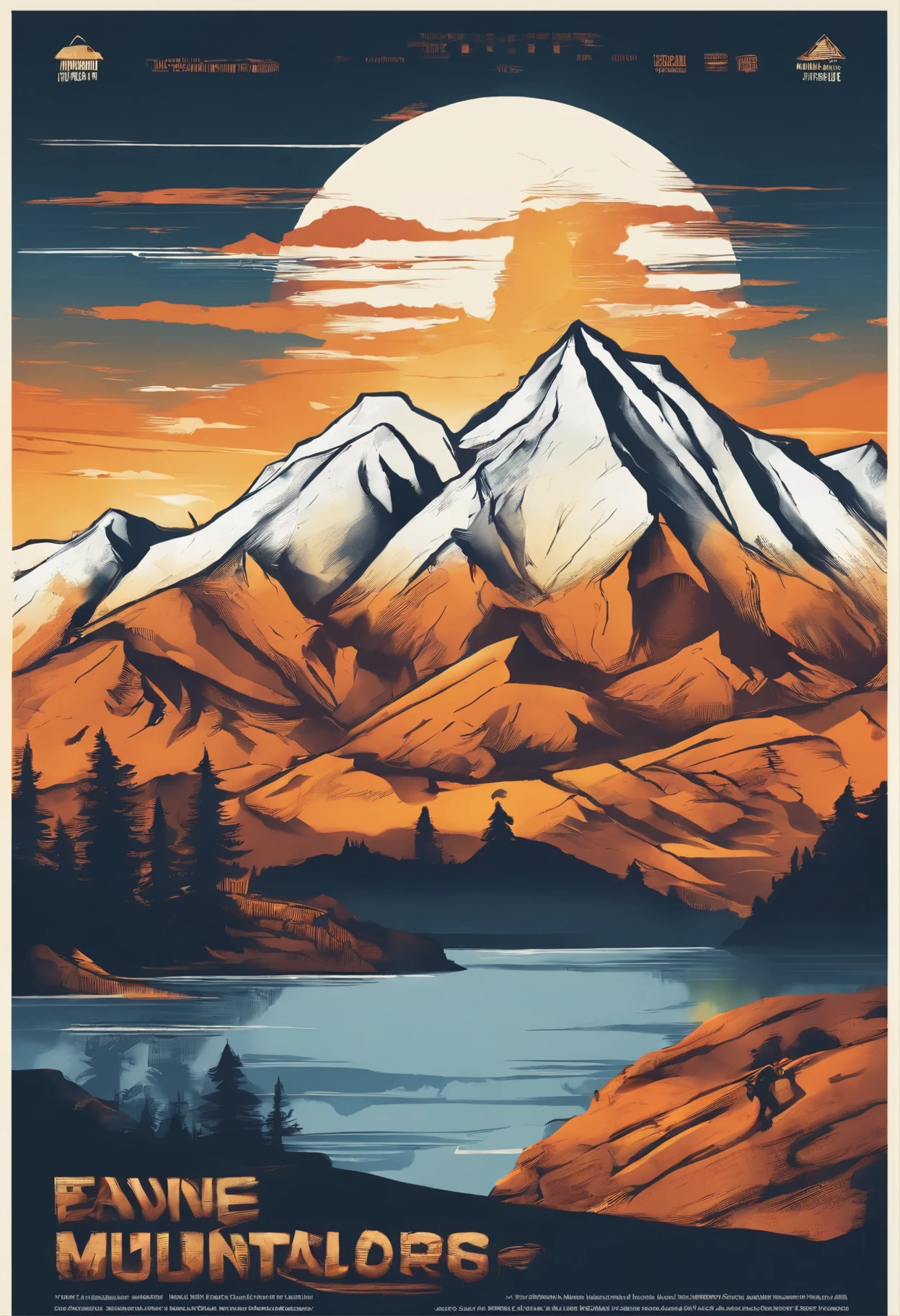 Printable vector t-shirt design, Adventure scenes with explorers, With beautiful evening sunlight and mountains in the background, Clean white background, Professional Vector, panoramic, 8k resolution, Deep print illustration, A collapsed American house on the top of a mountain seen from a distance