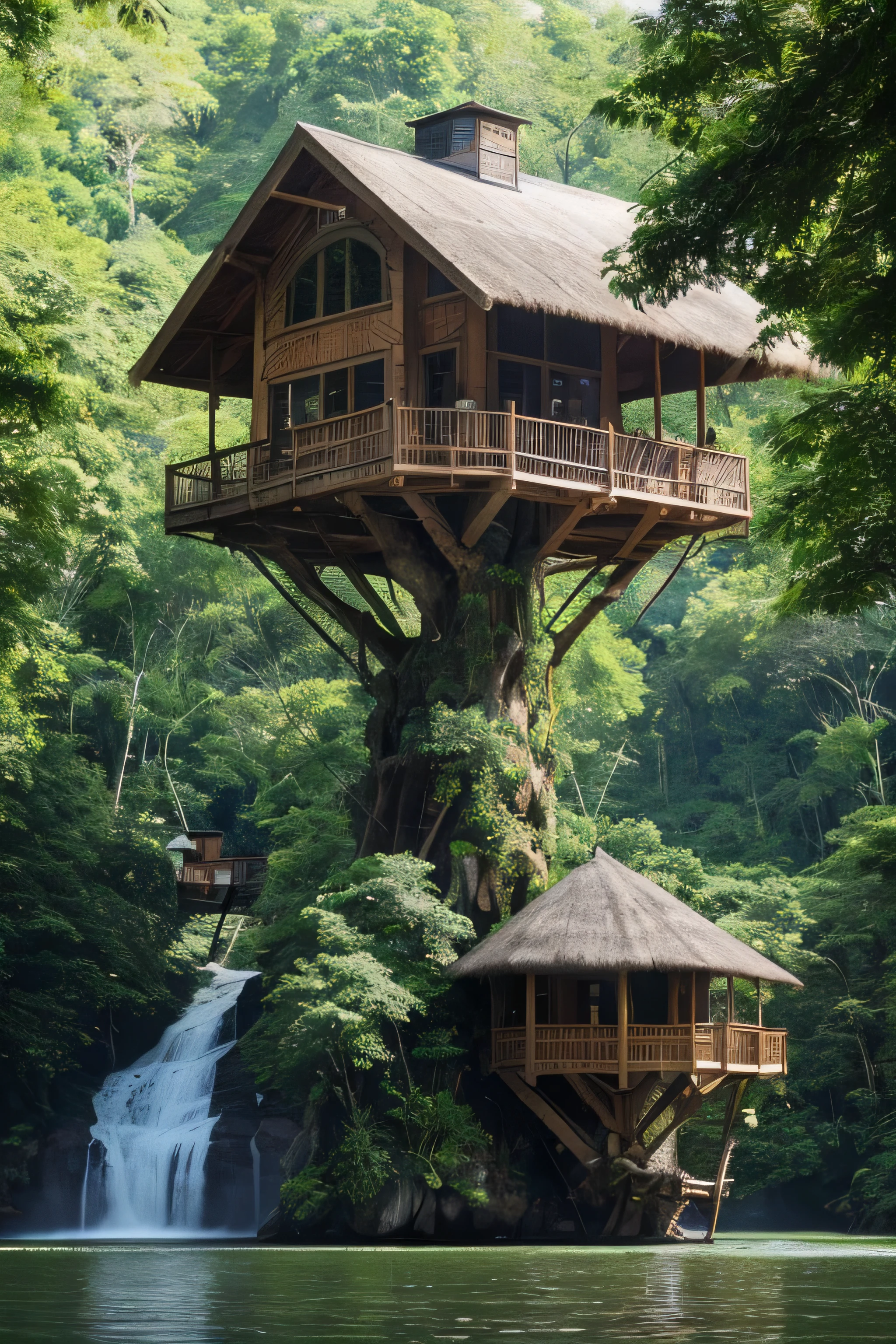 Perfection The Coolest Tree house on a large rock in the middle of the lake in the jungle in the morning 🌅, waterfall, bird flying, airroplan flying flowers in front of the house and trees on both sides of the house