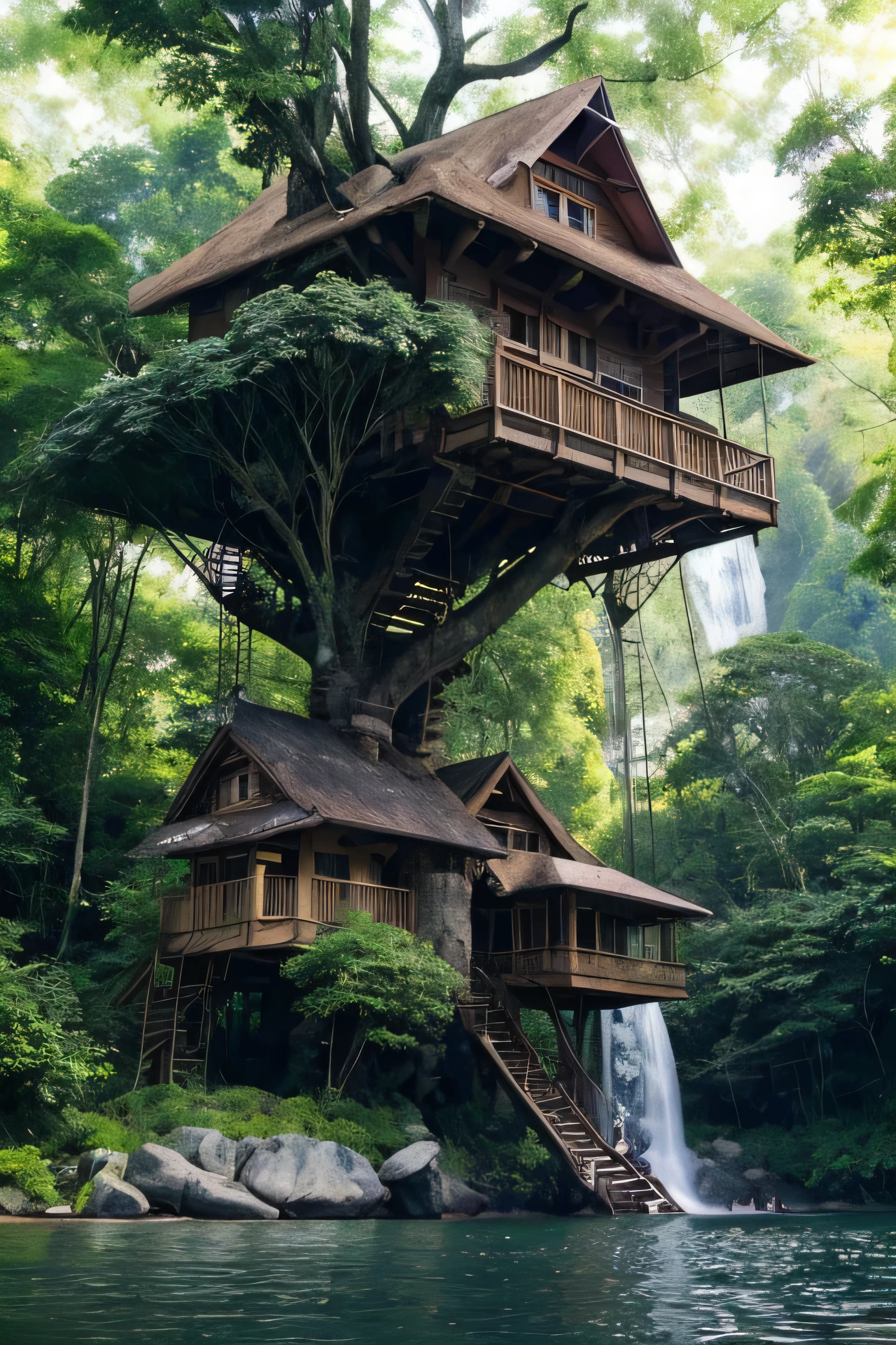 Perfection The Coolest Tree house on a large rock in the middle of the lake in the jungle in the morning 🌅, waterfall, bird flying, airroplan flying flowers in front of the house and trees on both sides of the house