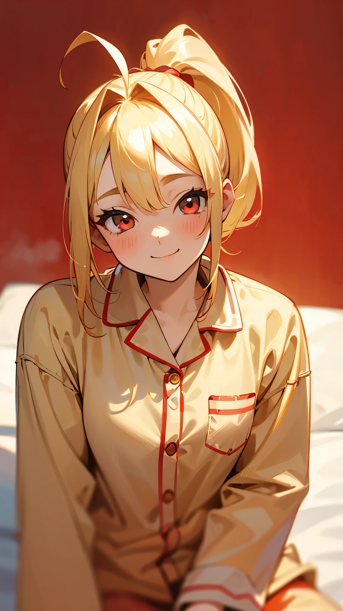 18-year-old girl sitting on bed、solo、Anime-style paintings、Wearing pajamas、Blonde ponytail、Ahoge、Beautiful red eyes、smile、smile、The soft texture of pajamas、Upper body close-up、Red and yellow based colors、Background blur、The depth of the drawn boundaries