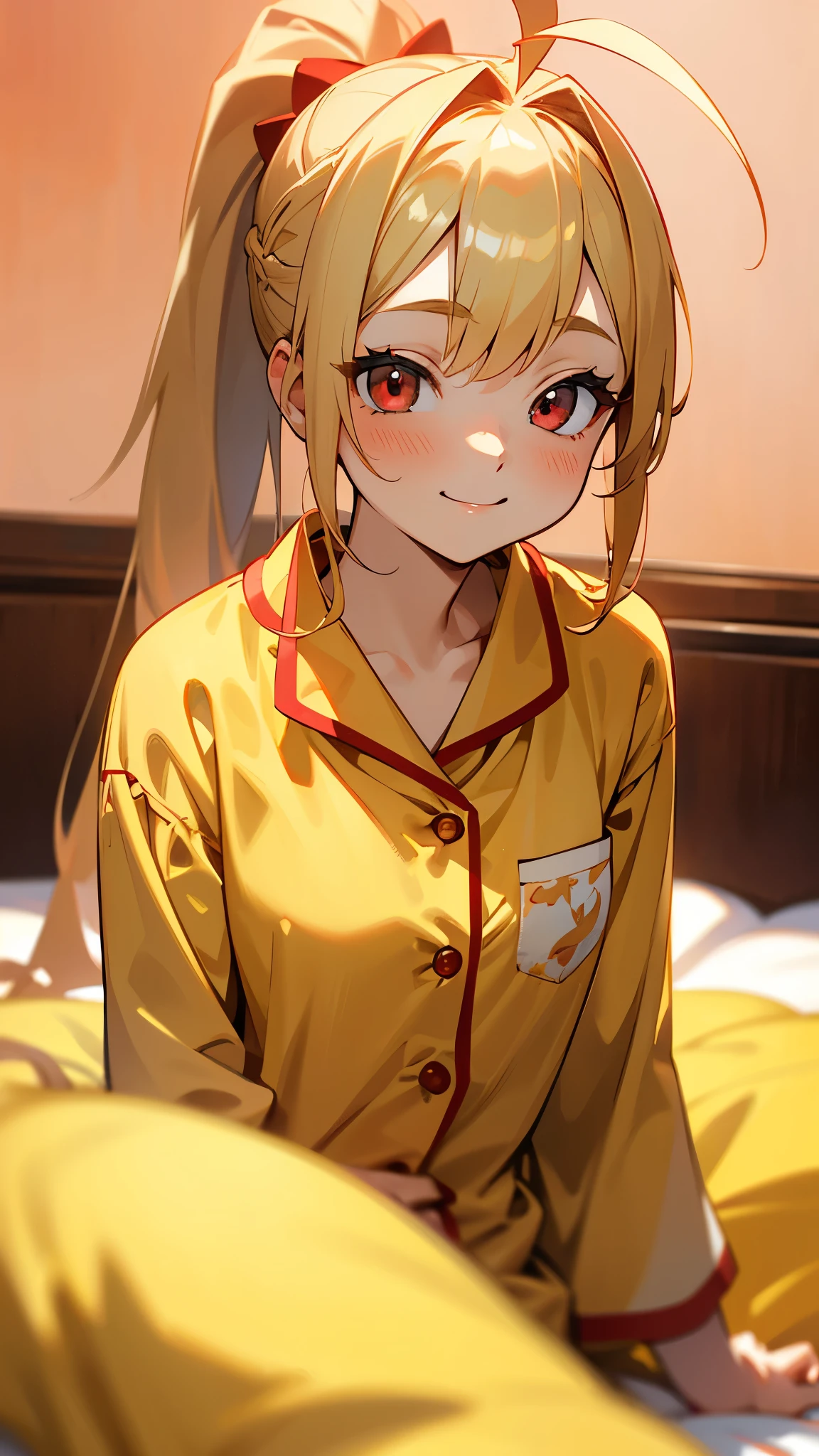 18-year-old girl sitting on bed、solo、Anime-style paintings、Wearing pajamas、Blonde ponytail、Ahoge、Beautiful red eyes、smile、smile、The soft texture of pajamas、Upper body close-up、Red and yellow based colors、Background blur、The depth of the drawn boundaries