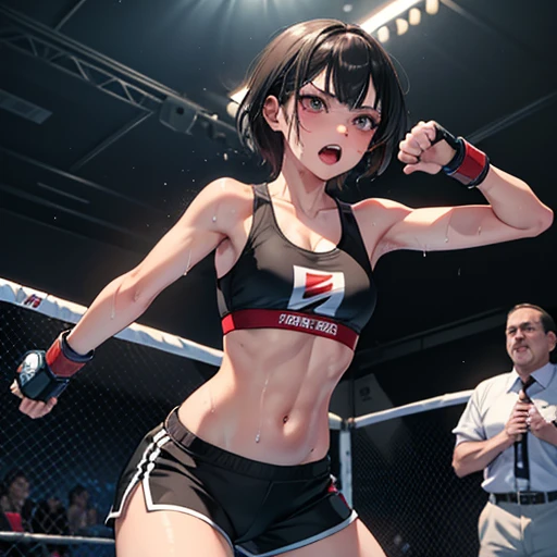 Cute slender high school girl, mixed martial arts match in the ring, impatient, desperate look, punching, sweaty, open mouth, out of breath, thin muscles, short dark hair, small breasts, sports bra, high leg shorts, open finger gloves