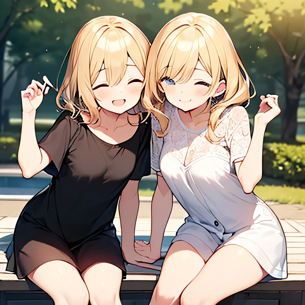 masterpiece、highest quality,Very detailed, Absurd beauty、1 beautiful girl、 (Medium Hair、blonde、Ample breasts), Wavy Hair、Keep your head small、Casual clothing、Summer clothes、Thin legs、Close your eyes and smile、Big smile、Shyness