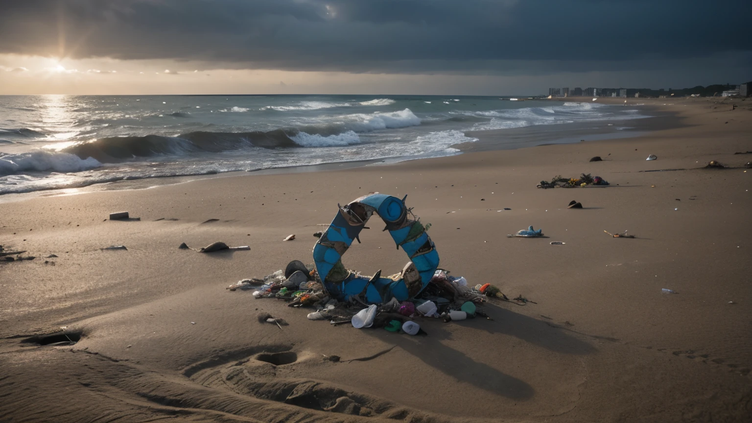 Recycling symbol amidst ocean plastic waste. Generative AI image
