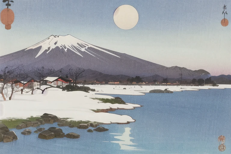 Ohara Koson, Mount Fuji, snow mountain, clear sky, Moon, Traditional media, ukiyo-e