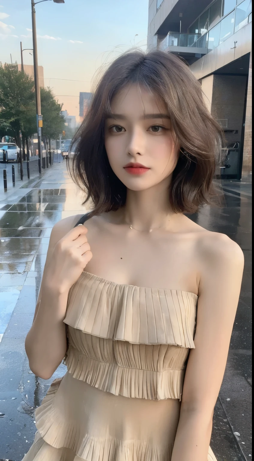 ((highest quality, 8k, masterpiece: 1.3)), concentrated: 1.2, Perfect body beauty: 1.4, Hips: 1.2, ((Layered Haircut, Flat Chest: 1.2)), (rain, street:1.3), Bandeau dress: 1.1, Highly detailed face and skin texture, Beautiful Eyes, double eyelid, White skin, Long Hair, (shut up: 1.3), whole body