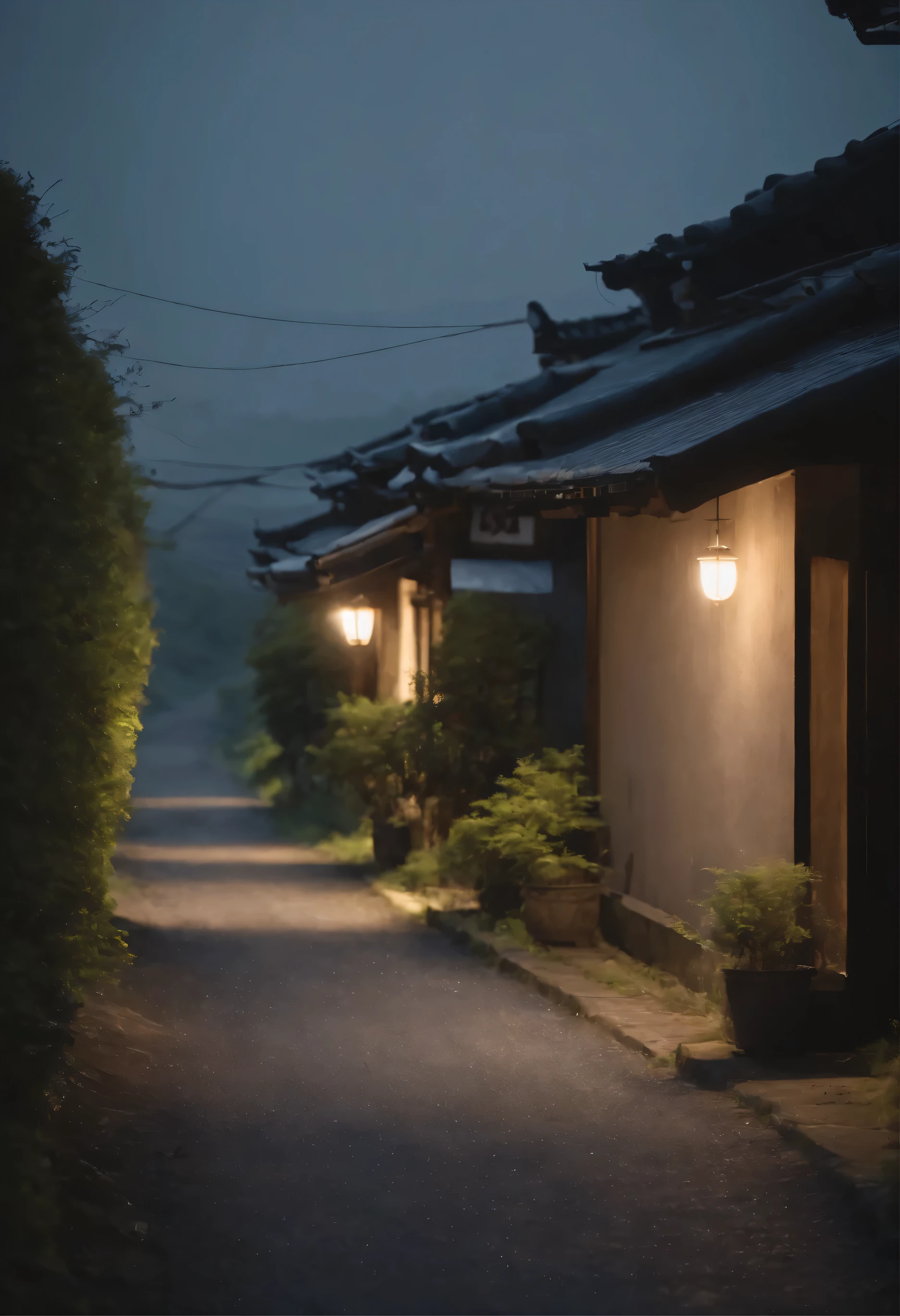 A deserted country road in Japan、Night Alley、Deserted house、dim、dim street light、A wide, empty road