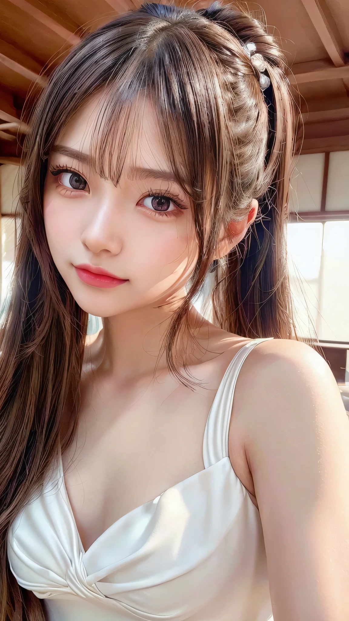 Wedding dress,tiara,Beach,resort,Sexy White Bikini,Blushing,Facing forward,Close-up of face,Small breasts,,Long hair ponytail,((8K, Raw photo, Best Quality, Mastepiece:1.2), (Realism, Photorealistic:1.4), (Highly detailed 8K wallpapers), Depth of written boundary, Cinematic Lighting, Soft Light, Detailed Beauty Eye,Shiny and smooth light brown ponytail, Asymmetrical bangs, Shiny skin, Ultra-detailed skins ,It is high resolution., High detail, Detailed hairstyle, Detailed facial beauty, Hyper-realistic, Perfect limbs, Perfect Anatomy ,1 Japanese girl,Famous Japanese Idols, Perfect female body,A shy smile,Short eyelashes,Double-edged eyelids,Look straight here,Hair style: ponytail,Close-up of face