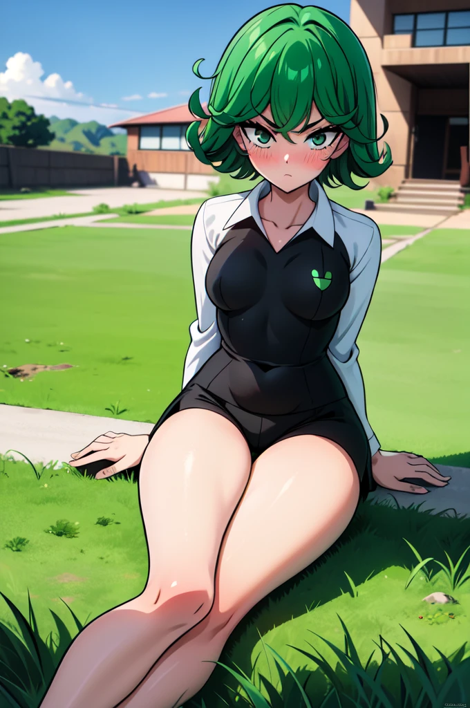 absurdres, highres, ultra detailed, tatsumakitornado, short green hair, curly hair, white shirt, black shorts,office outfit,outdoors, green eyes ,full body ,looking up at veiwer, blushing ,laying on the grass with her legs crossing 