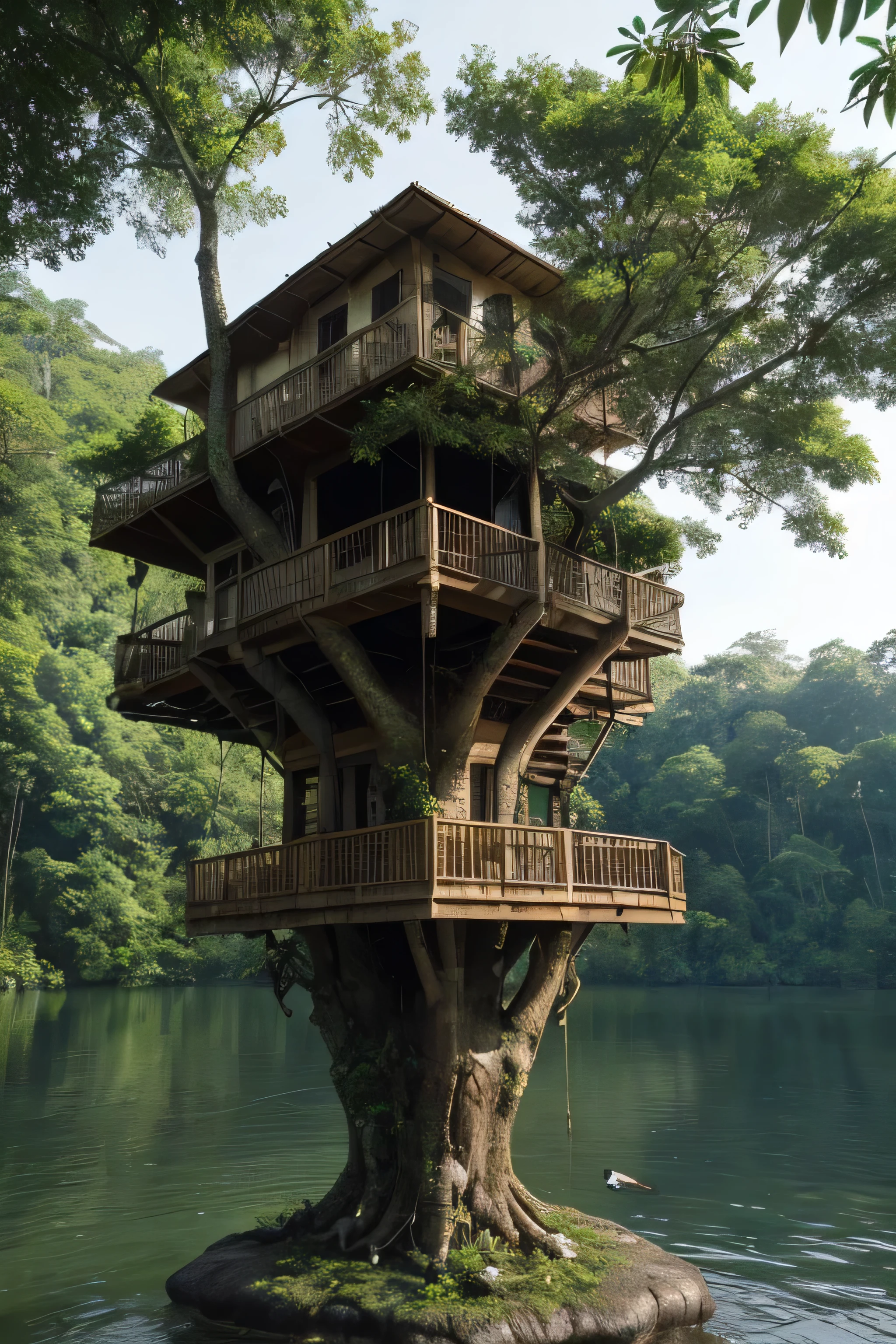 Perfection The Coolest Tree house on a large rock in the middle of the lake in the jungle in the morning 🌅, waterfall, bird flying, airroplan flying flowers in front of the house and trees on both sides of the house