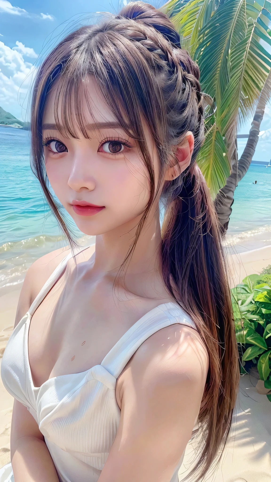 tiara,Beach,resort,Sexy White Bikini,Blushing,Facing forward,Close-up of face,Small breasts,,Long hair ponytail,((8K, Raw photo, Best Quality, Mastepiece:1.2), (Realism, Photorealistic:1.4), (Highly detailed 8K wallpapers), Depth of written boundary, Cinematic Lighting, Soft Light, Detailed Beauty Eye,Shiny and smooth light brown ponytail, Asymmetrical bangs, Shiny skin, Ultra-detailed skins ,It is high resolution., High detail, Detailed hairstyle, Detailed facial beauty, Hyper-realistic, Perfect limbs, Perfect Anatomy ,1 Japanese girl,Famous Japanese Idols, Perfect female body,A shy smile,Short eyelashes,Double-edged eyelids,Look straight here,Hair style: ponytail,Close-up of face