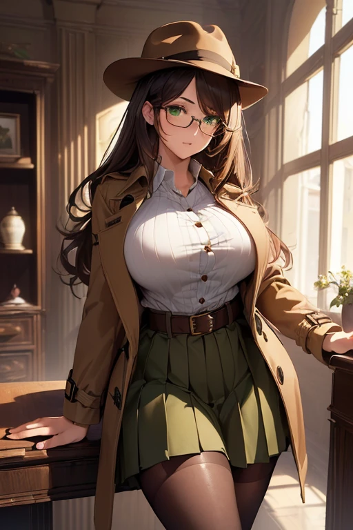 ((masterpiece)), (best quality:1.7), (detailed:1.4), (high res:1.4), 8k, (colorful:1.5), high resolution, sharped image, 4k, hd, (beautiful detailed background:1.2), (beautiful lighting:1.2), (highly detailed:1.2), perfect lighting, (8k wallpaper:1.2), (highly detailed:1.2), (extremely detailed CG:1.2), ((dark brown medium long straight hair with bangs covering an eye)), (hair bangs covering one eye), ((only dark brown hair)), ((DD bust)), ((busty)), curvy figure, (((hazel-green eyes))), (((detective outfit with brown tan trench coat and loose button blouse and a long length hazel-green pleated skirt and long stockings))), glasses, hat, serious expression, mature, ((30 year old)), human adult, tall, fullbody