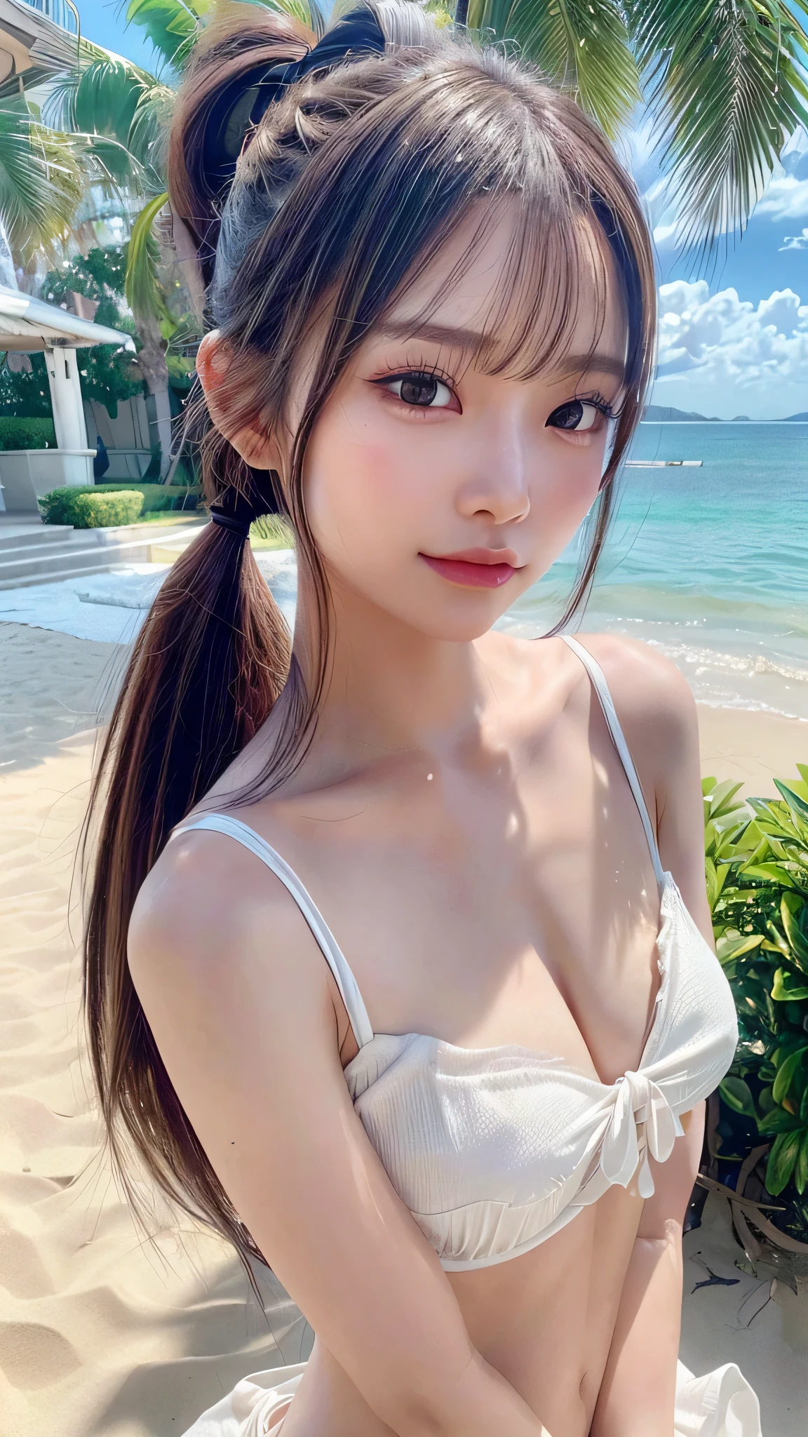 tiara,Beach,resort,Sexy White Bikini,Blushing,Facing forward,Close-up of face,Small breasts,,Long hair ponytail,((8K, Raw photo, Best Quality, Mastepiece:1.2), (Realism, Photorealistic:1.4), (Highly detailed 8K wallpapers), Depth of written boundary, Cinematic Lighting, Soft Light, Detailed Beauty Eye,Shiny and smooth light brown ponytail, Asymmetrical bangs, Shiny skin, Ultra-detailed skins ,It is high resolution., High detail, Detailed hairstyle, Detailed facial beauty, Hyper-realistic, Perfect limbs, Perfect Anatomy ,1 Japanese girl,Famous Japanese Idols, Perfect female body,A shy smile,Short eyelashes,Double-edged eyelids,Look straight here,Hair style: ponytail,Close-up of face